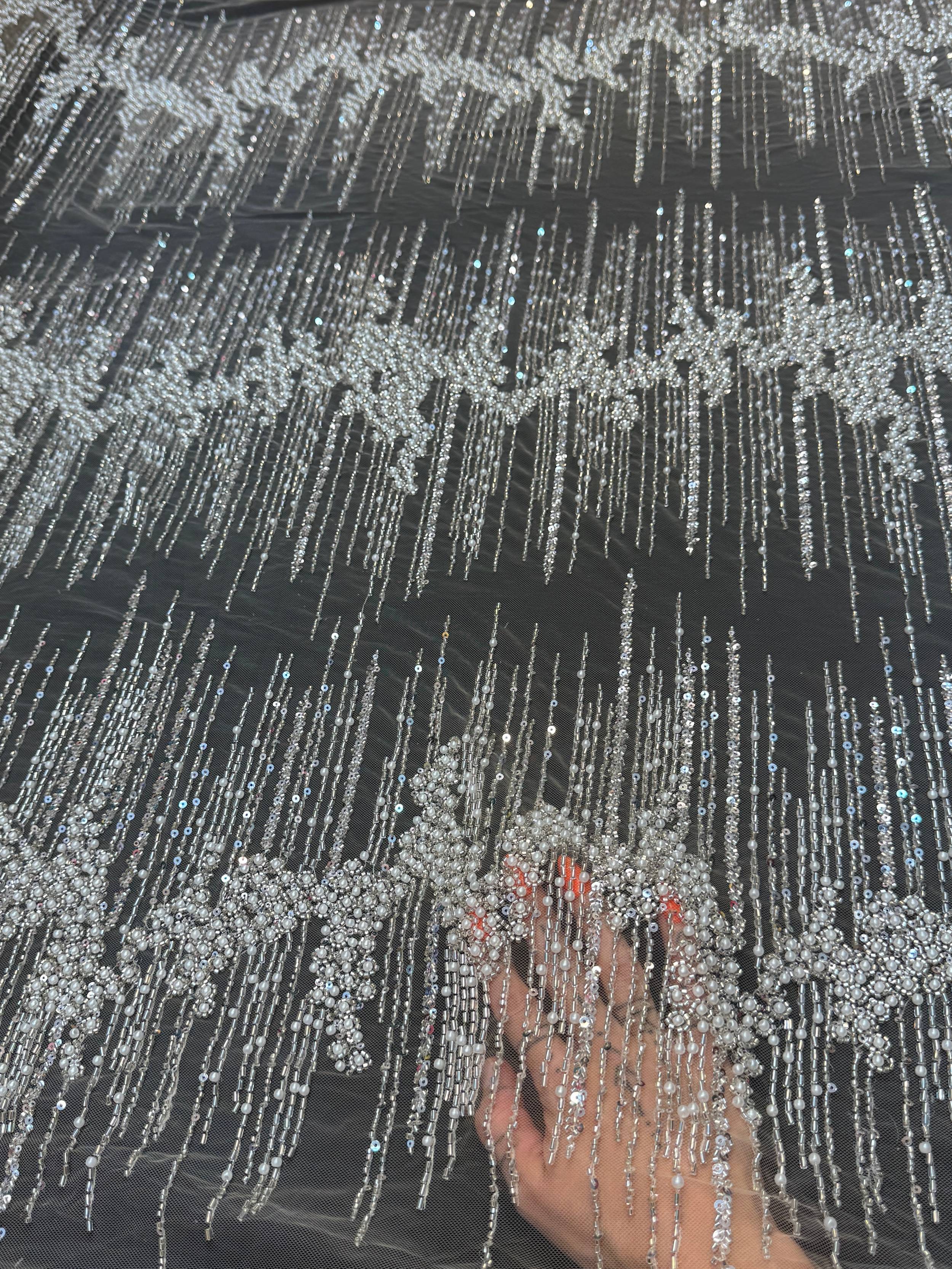 White Crimson Cascade Crystal & Bugle Beaded Lace, Crystal Beaded Lace, Bugle Bead Lace, Pearl Beaded Lace, Sequin Lace Fabric, Bridal Lace Fabric, Couture Lace Fabric