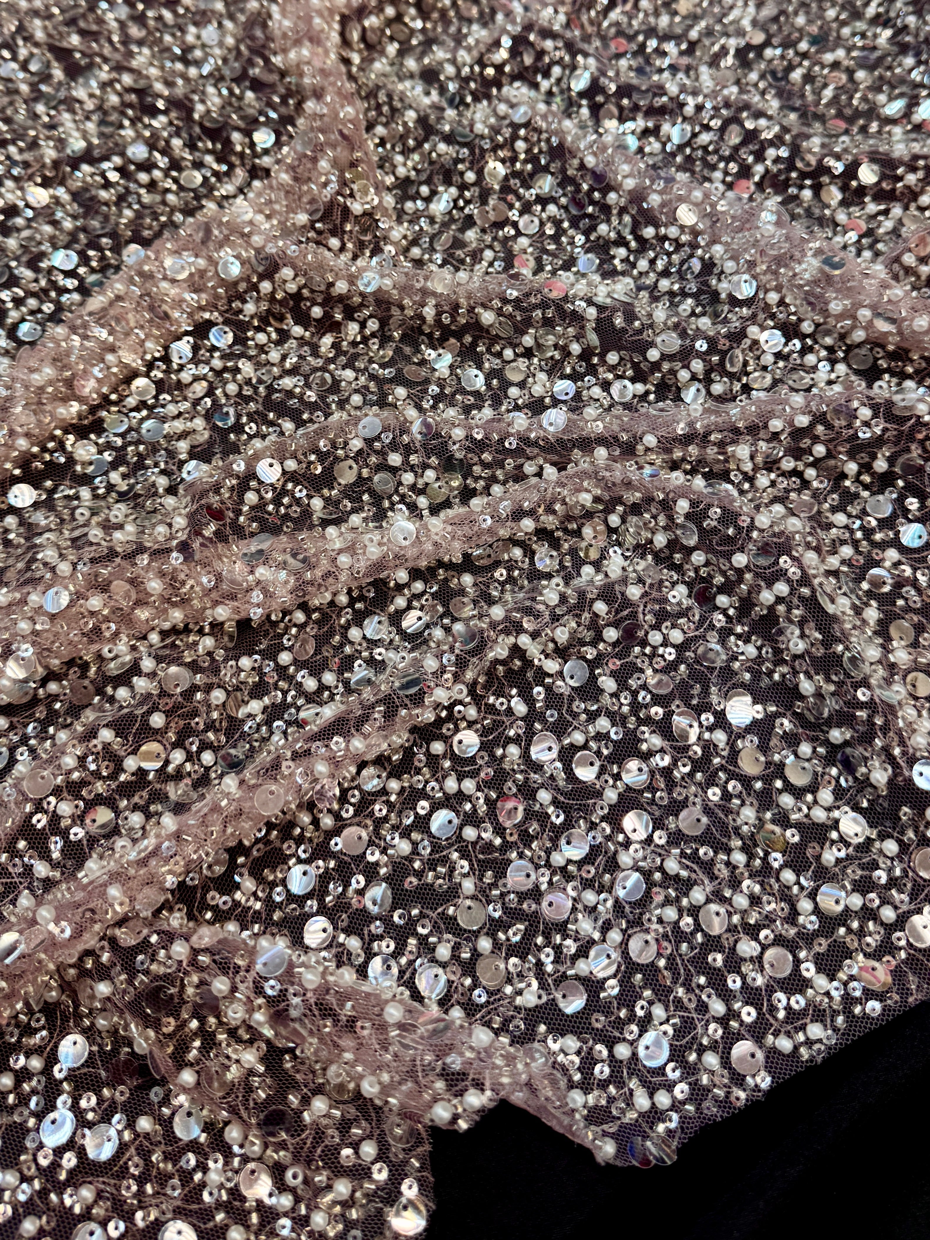 Powder Pink Beaded Sequin Pearl Embroidered Mesh Lace, Pearl Embroidered Lace, Sequin Mesh Lace, Beaded Lace Mesh, Pearl Lace Fabric, Embroidered Mesh Lace, Embellished Lace Fabric