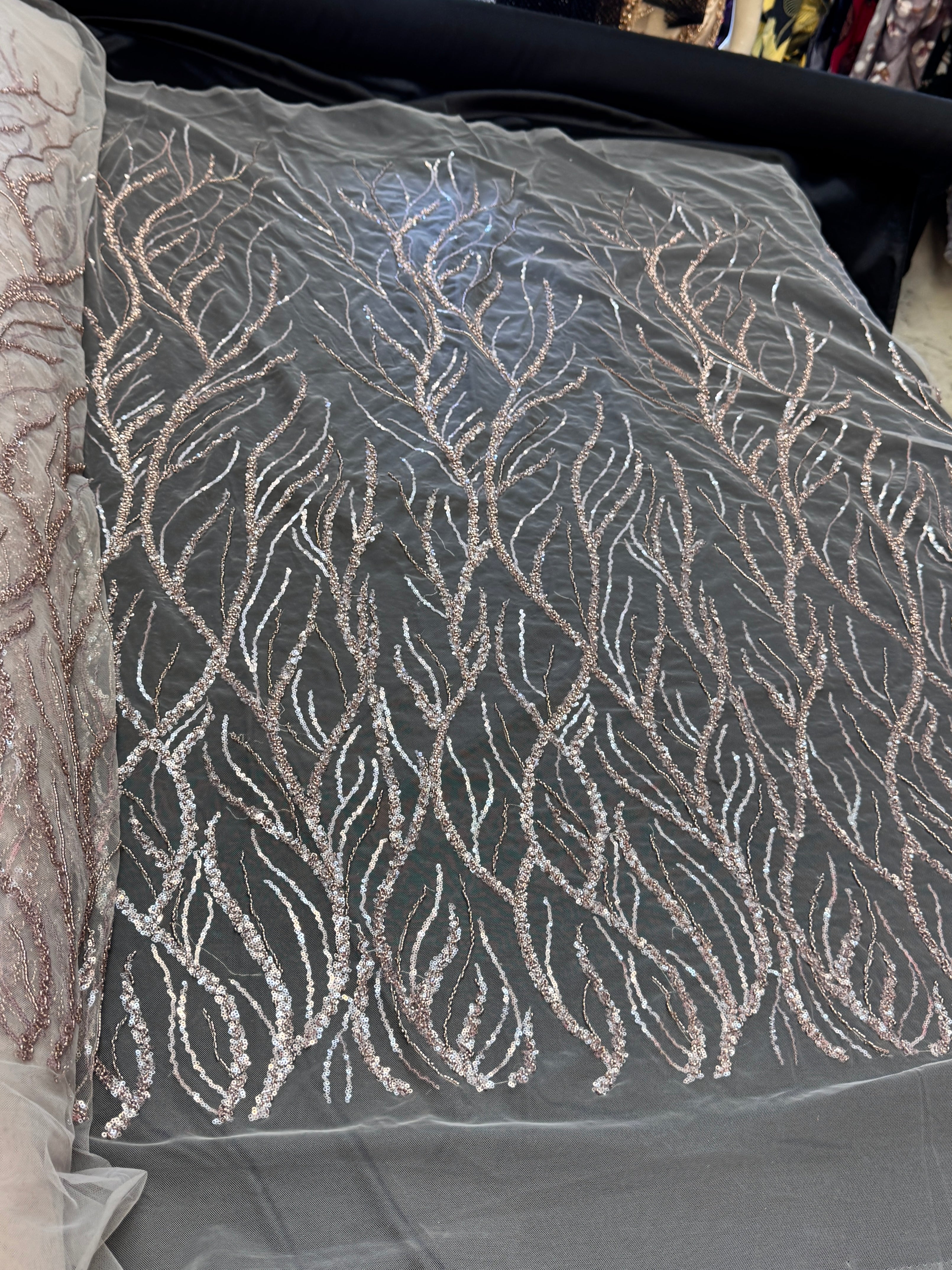 Dusty Pink Abstract Branch Beaded Sequin Lace on Mesh, Branch Lace Fabric, Beaded Sequin Lace, Sequin Mesh Lace, Beaded Lace Mesh, Abstract Lace Fabric, Embellished Lace Fabric
