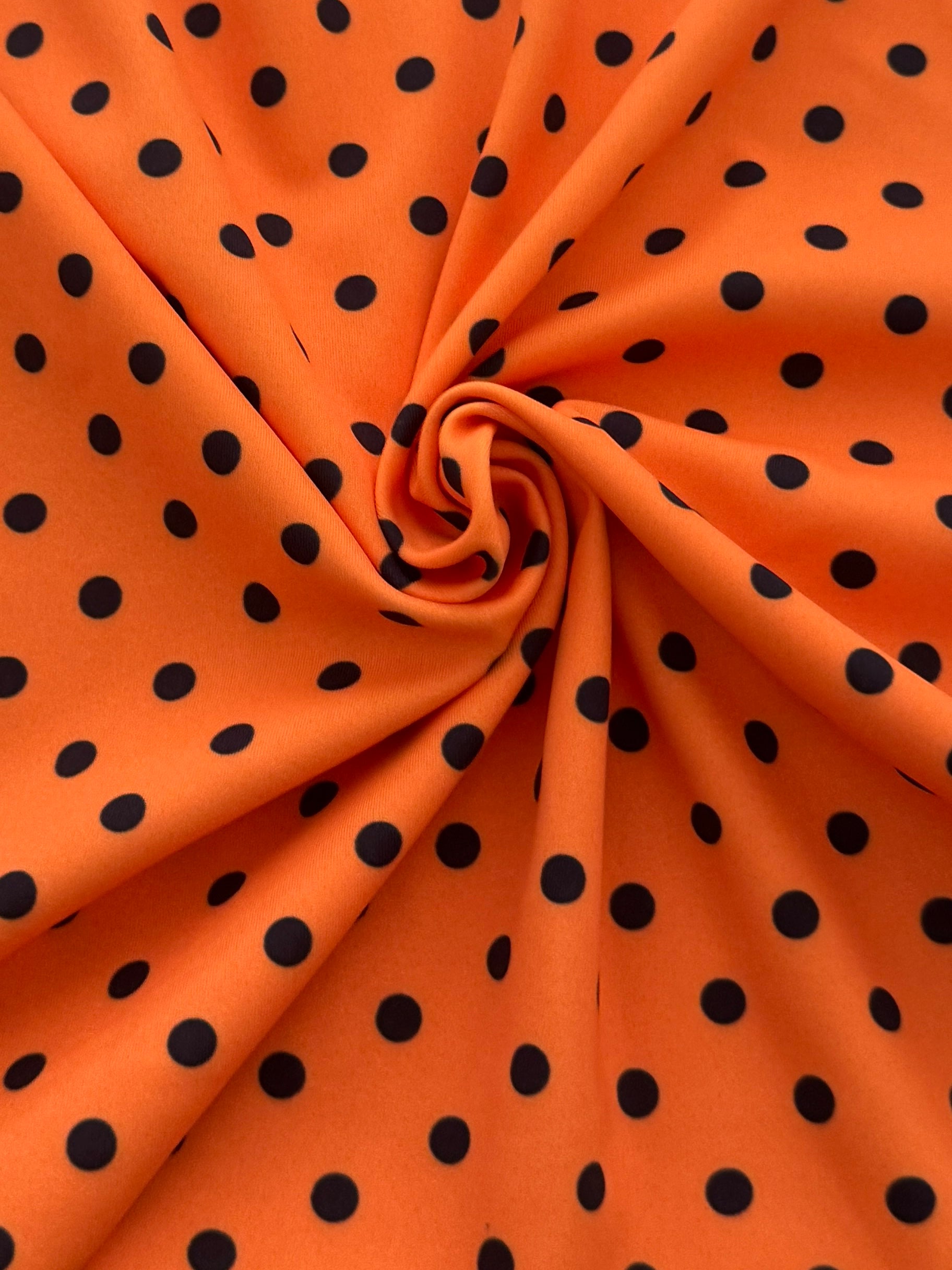 Black on Orange Mini Polka Dot Print Nylon Spandex, Halloween Spandex, Halloween Fabric, Spandex Fabric, Nylon Spandex, Stretch Fabric, 4 Way Stretch, Spooky Fabric