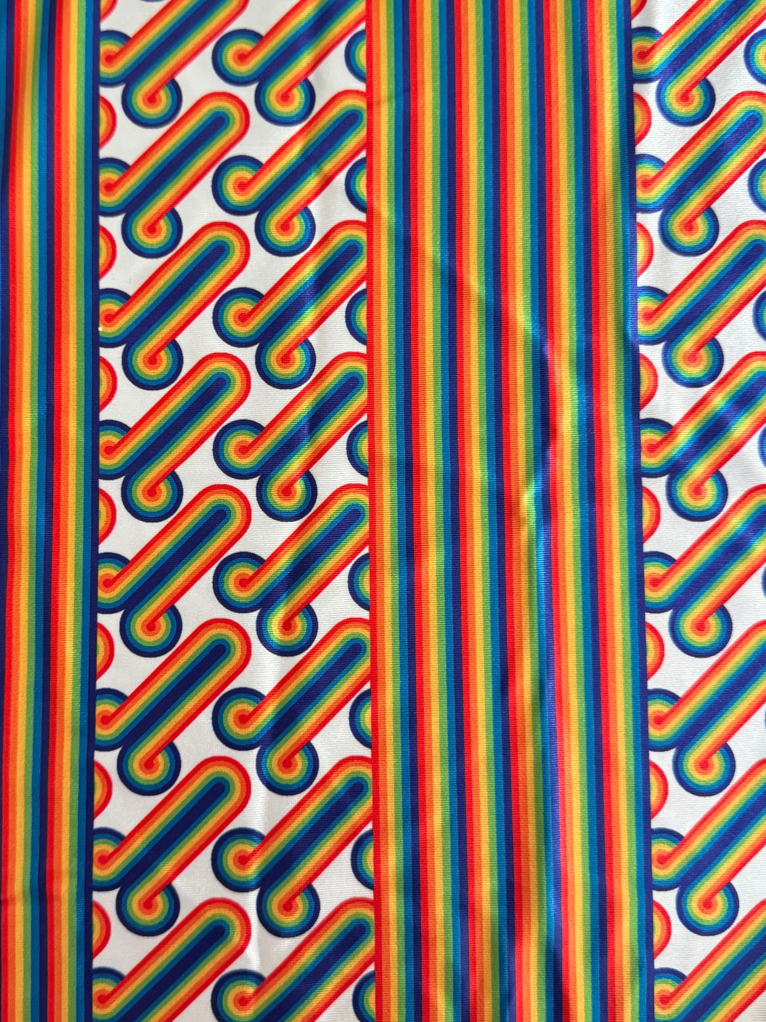 White Retro Rainbow Graphic Nylon Spandex, Nylon Spandex Print, Printed Spandex Fabric, Stretch Print Fabric, Printed Stretch Fabric, Spandex Print Fabric, Printed Fabric Stretch