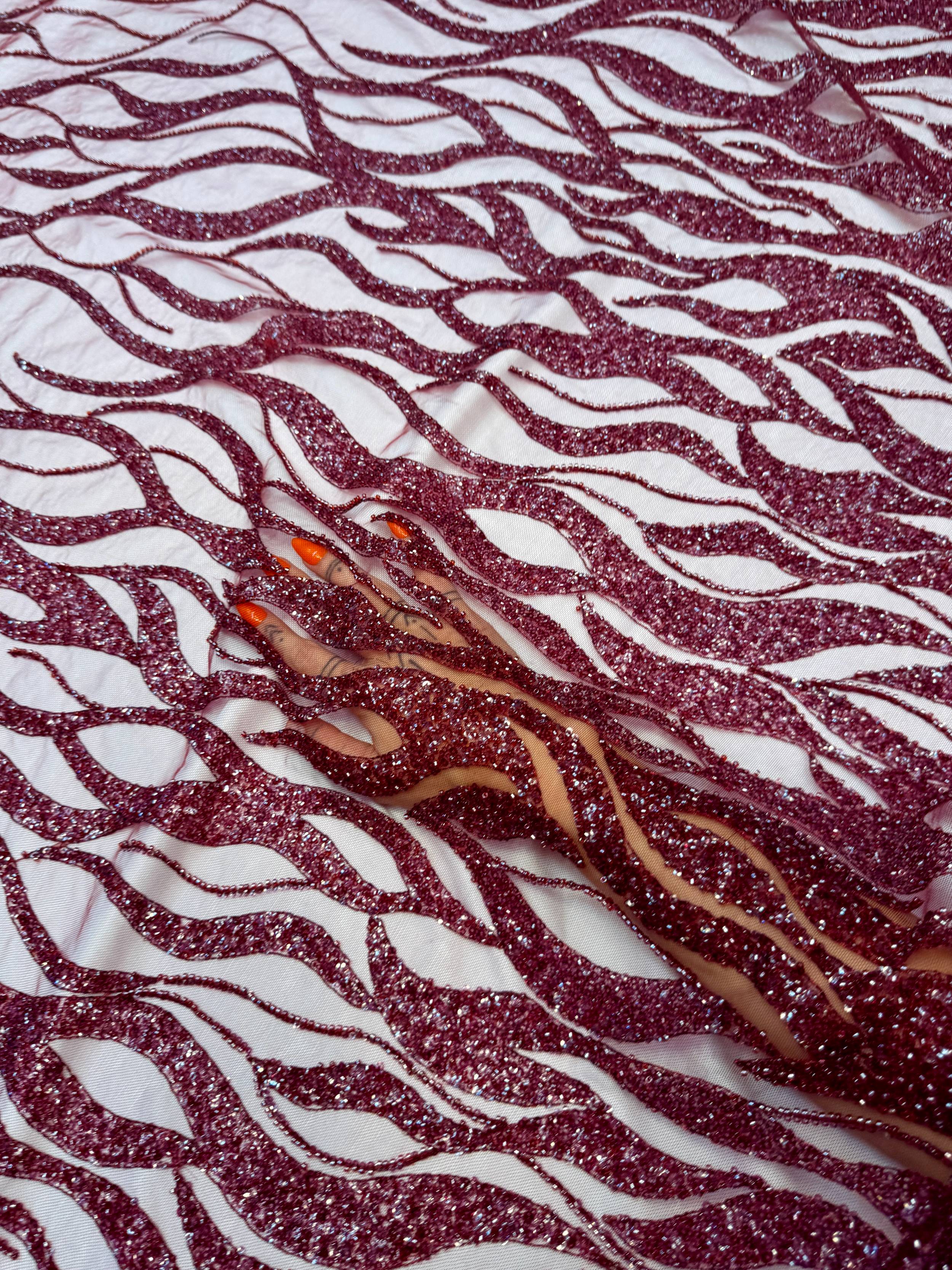 Burgundy Flame Sequin Beaded Lace, Beaded Lace Fabric, Sequin Lace Fabric, Flame Sequin Fabric, Embroidered Lace Fabric, Embellished Mesh Fabric, Beaded Mesh Fabric