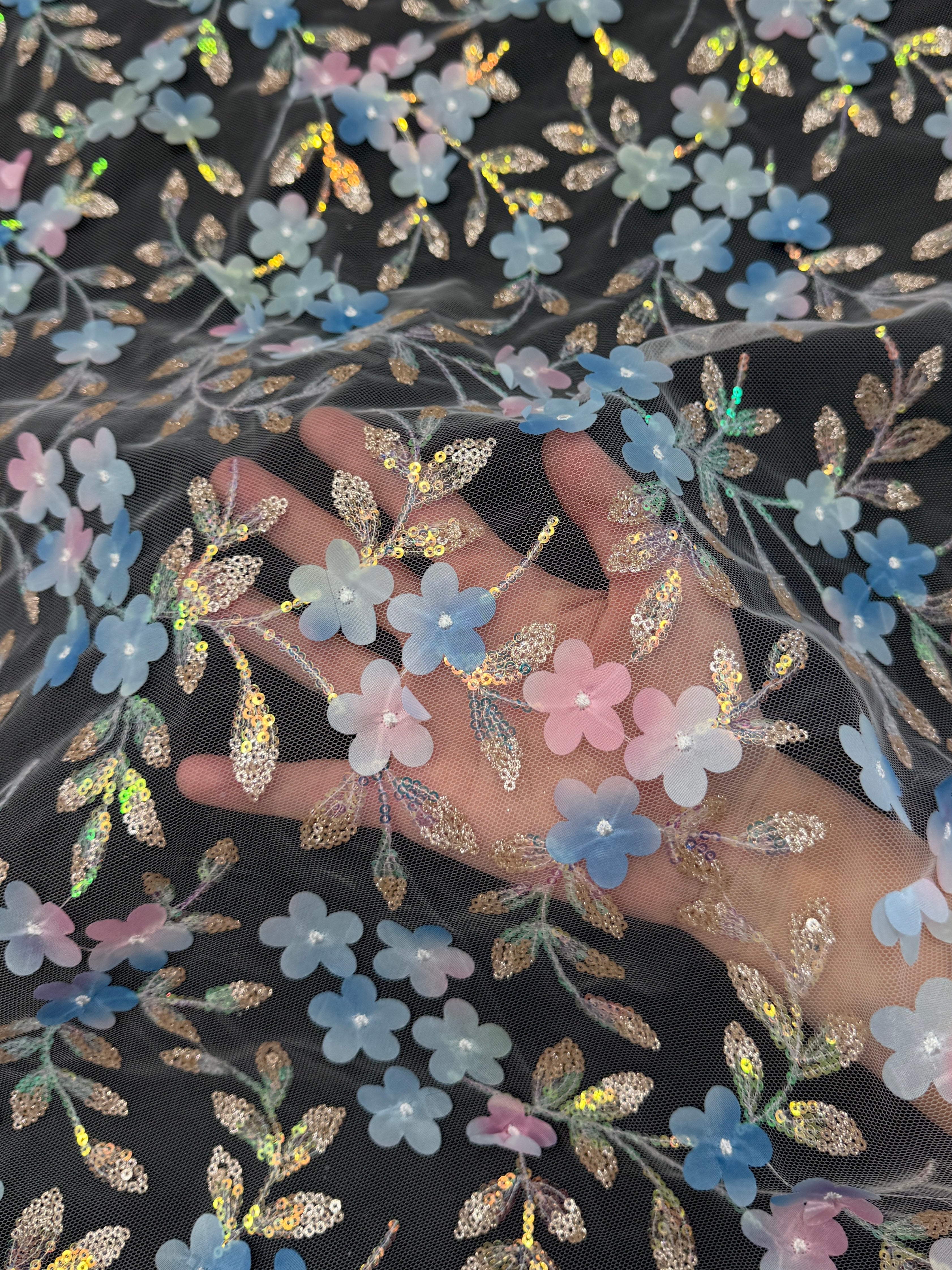 Blue Multicolor 3D Floral Embroidered Tulle, Multicolor Tulle Fabric, Embroidered Tulle Fabric, Floral Embroidered Tulle, 3D Embroidered Tulle, Multicolor Floral Tulle, Embellished Tulle Fabric