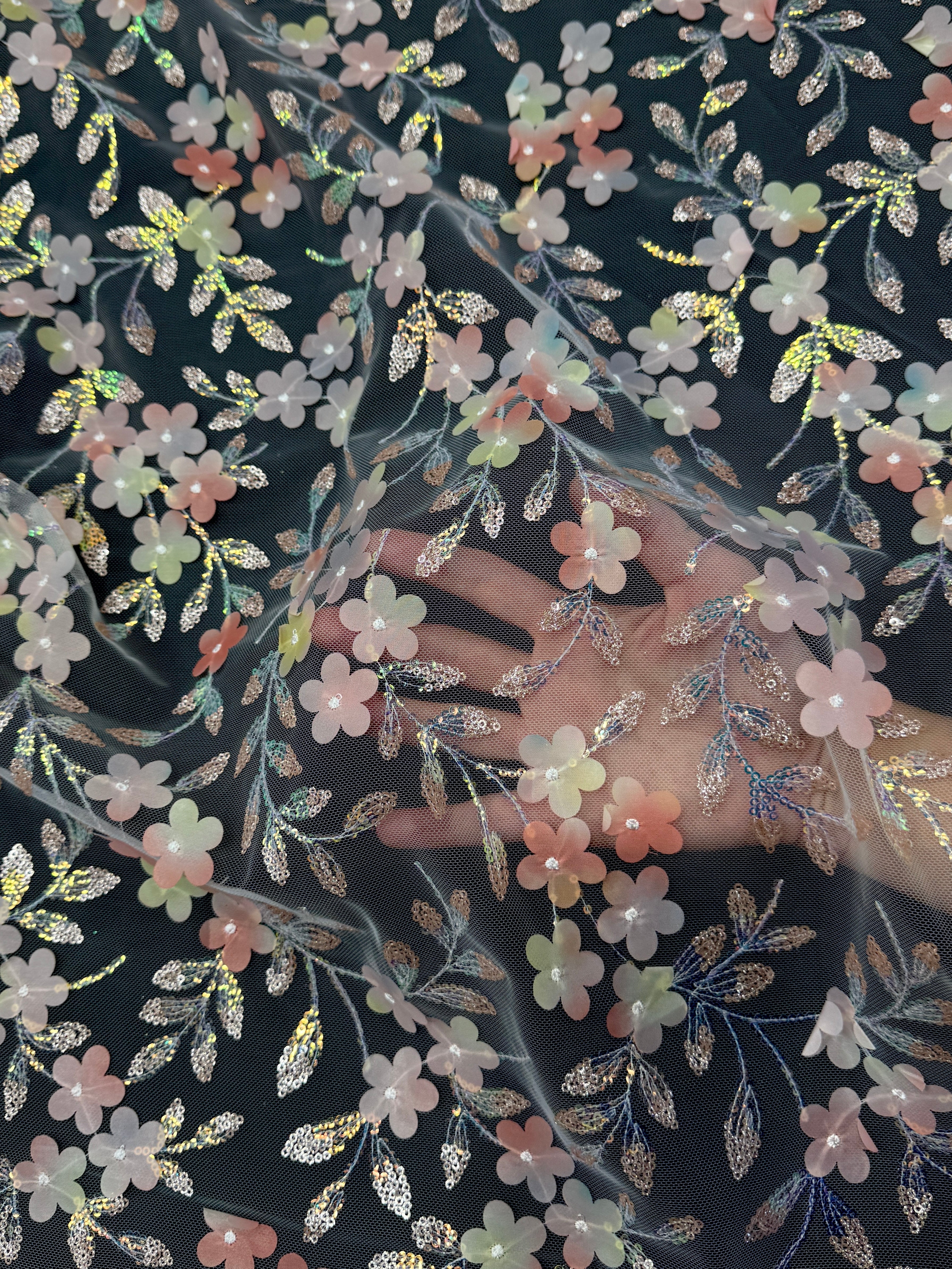 Peach Multicolor 3D Floral Embroidered Tulle, Multicolor Tulle Fabric, Embroidered Tulle Fabric, Floral Embroidered Tulle, 3D Embroidered Tulle, Multicolor Floral Tulle, Embellished Tulle Fabric