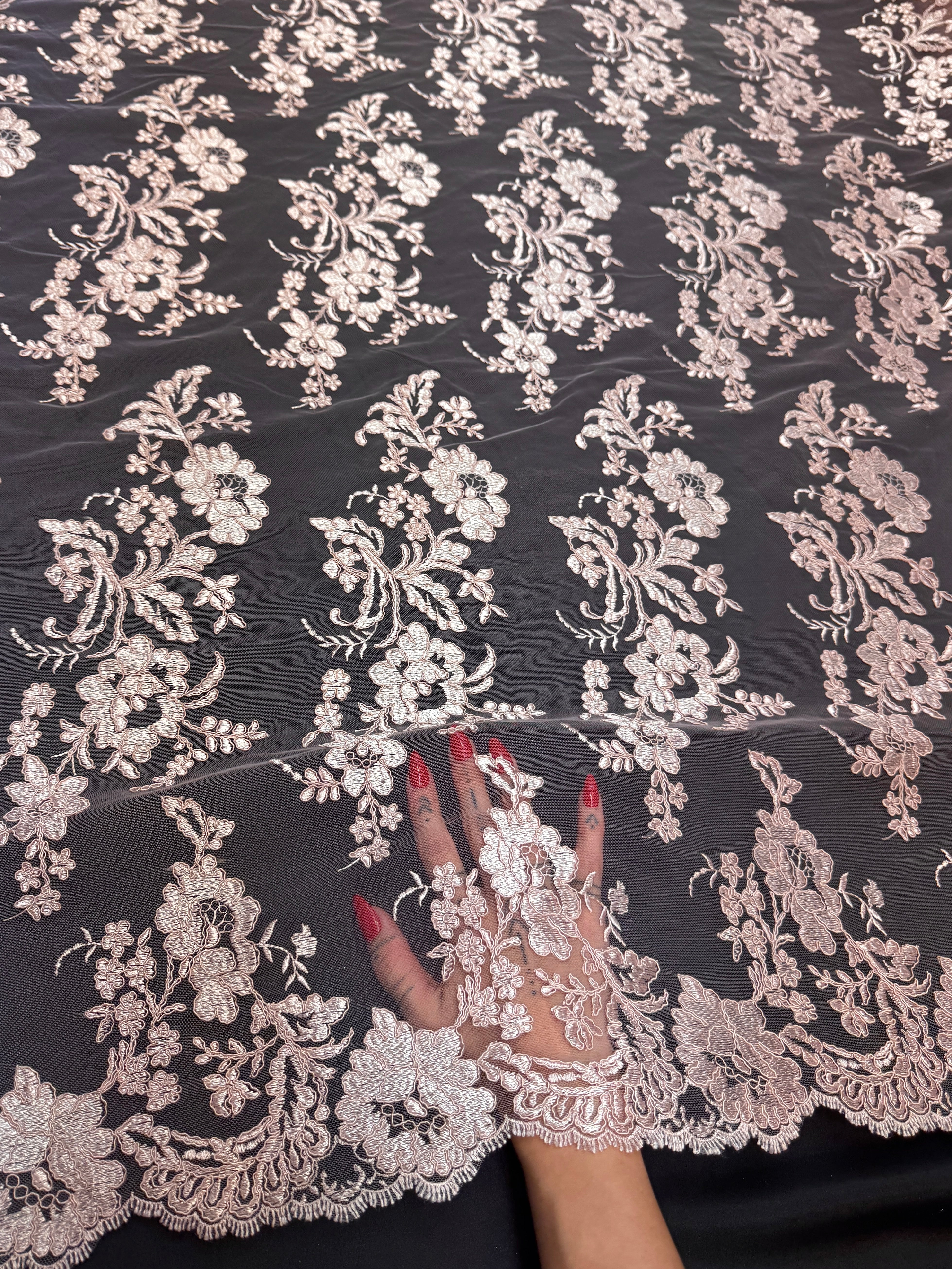 Blush Pink Romantic Bloom Embroidered Mesh Lace, Romantic Lace Fabric, Sheer Embroidered Lace, Bloom Lace Fabric, Bridal Lace Fabric, Wedding Dress Lace