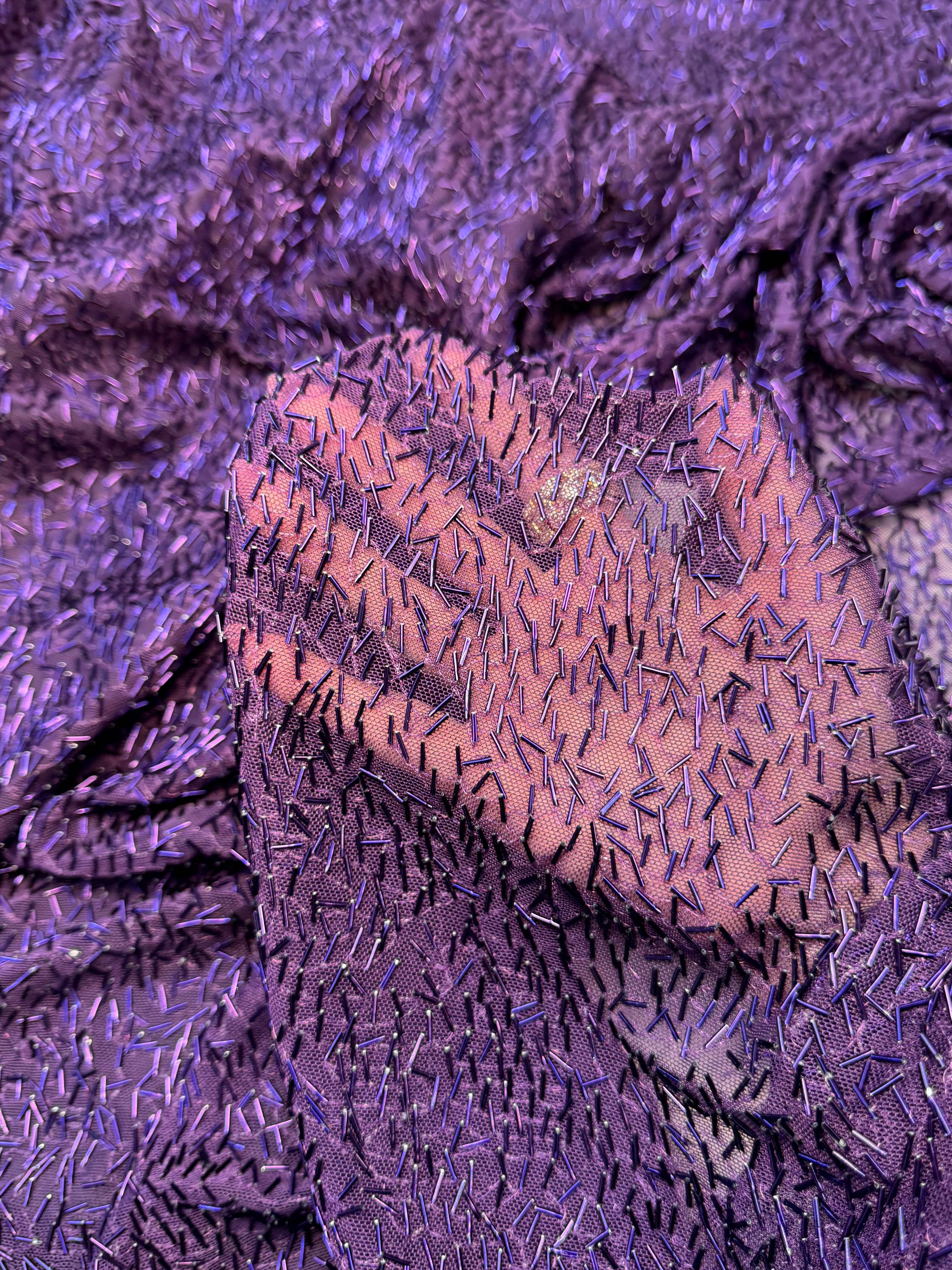 Purple Bugle Beaded Stretch Mesh, Beaded Stretch Mesh, Stretch Mesh Fabric, Bugle Bead Fabric, Beaded Mesh Fabric, Embellished Mesh Fabric, Stretch Beaded Fabric, Mesh Fabric Stretch