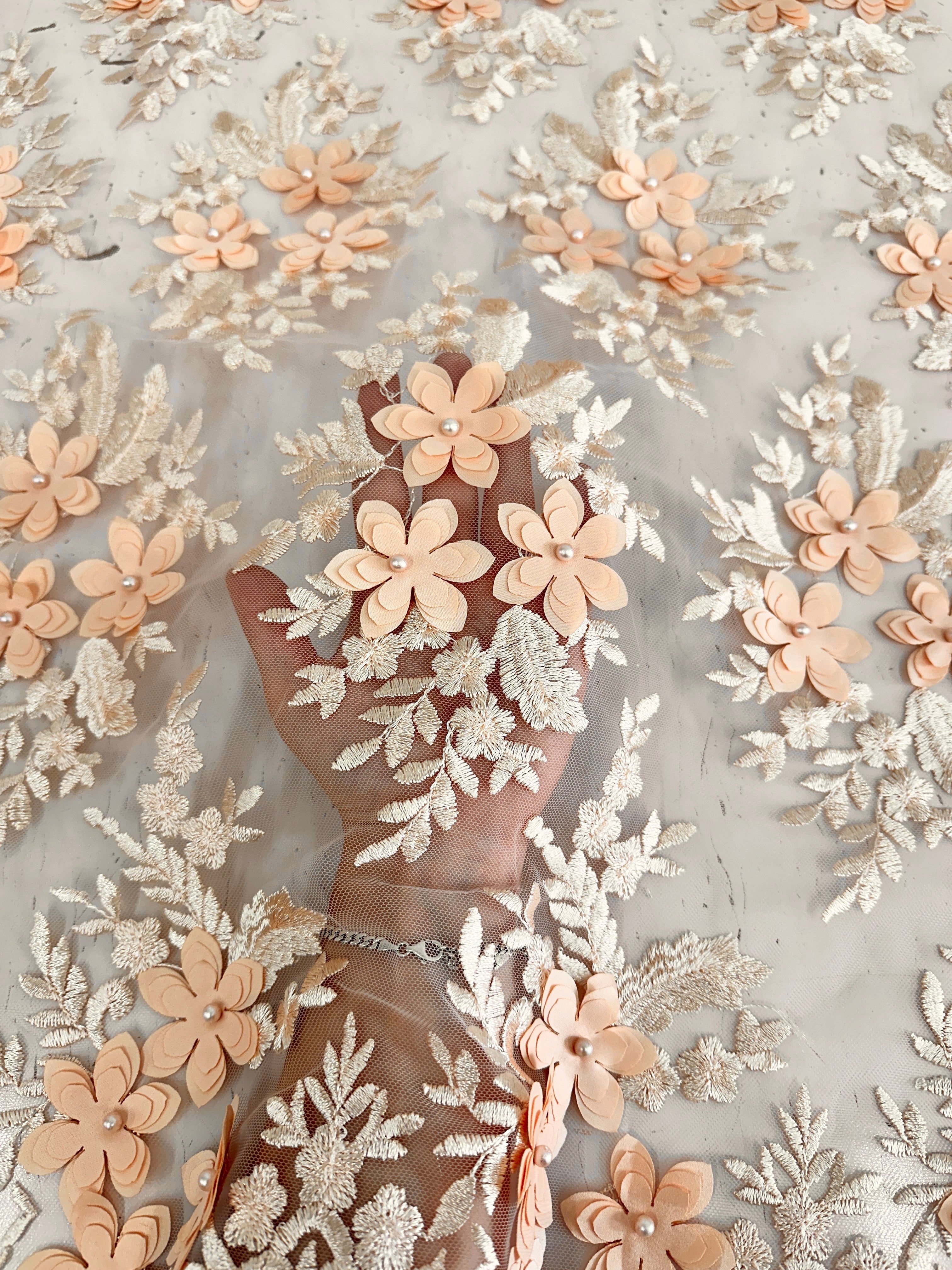 Peach 3D Flower Scalloped Mesh Lace, Peach Mesh, Nude lace mesh, lace mesh for woman, lace mesh for bride, lace mesh on sale, lace mesh on discount
