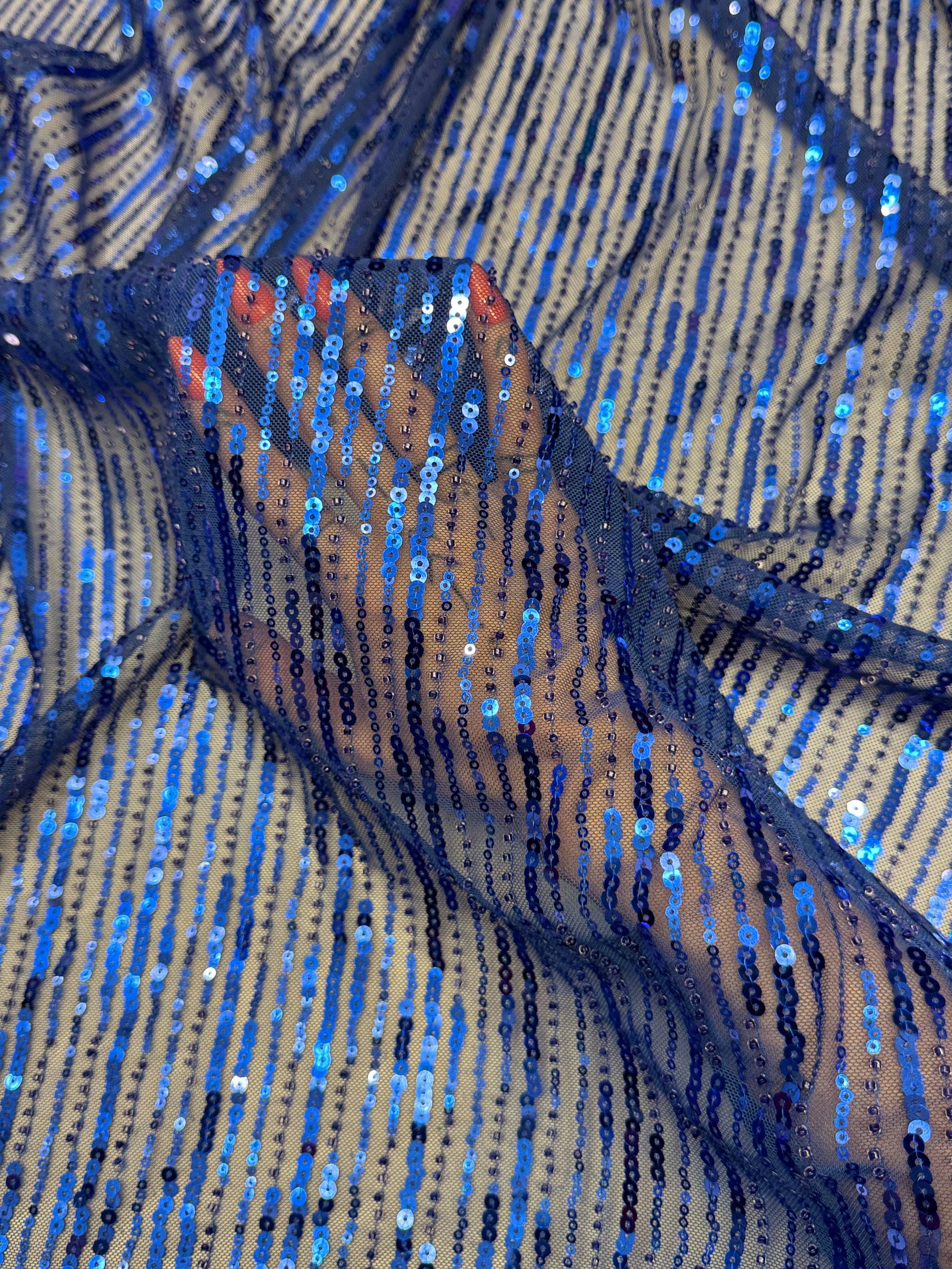 Royal Blue Waterfall Stretch Sequin Mesh, Waterfall Sequin Fabric, Sequin Stretch Fabric, Sparkle Mesh Fabric, Glitter Mesh Fabric, Stretch Mesh Fabric