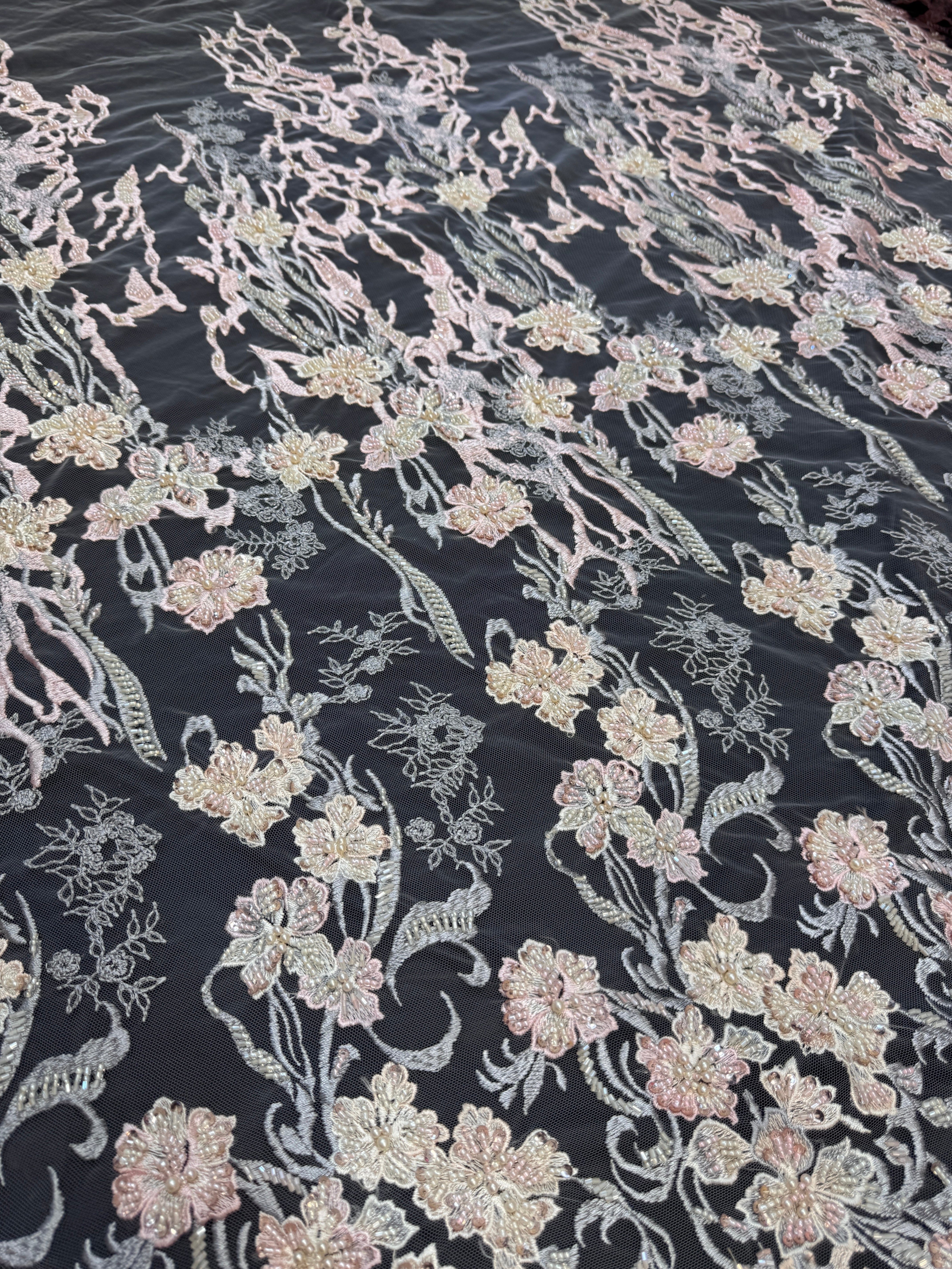 Blush-Peach Pearl Beaded Floral Embroidery Lace, Floral Embroidery Lace, Beaded Floral Lace, Pearl Lace Fabric, Embroidered Lace Fabric, Floral Lace Fabric, Beaded Lace Fabric, Embellished Lace Fabric