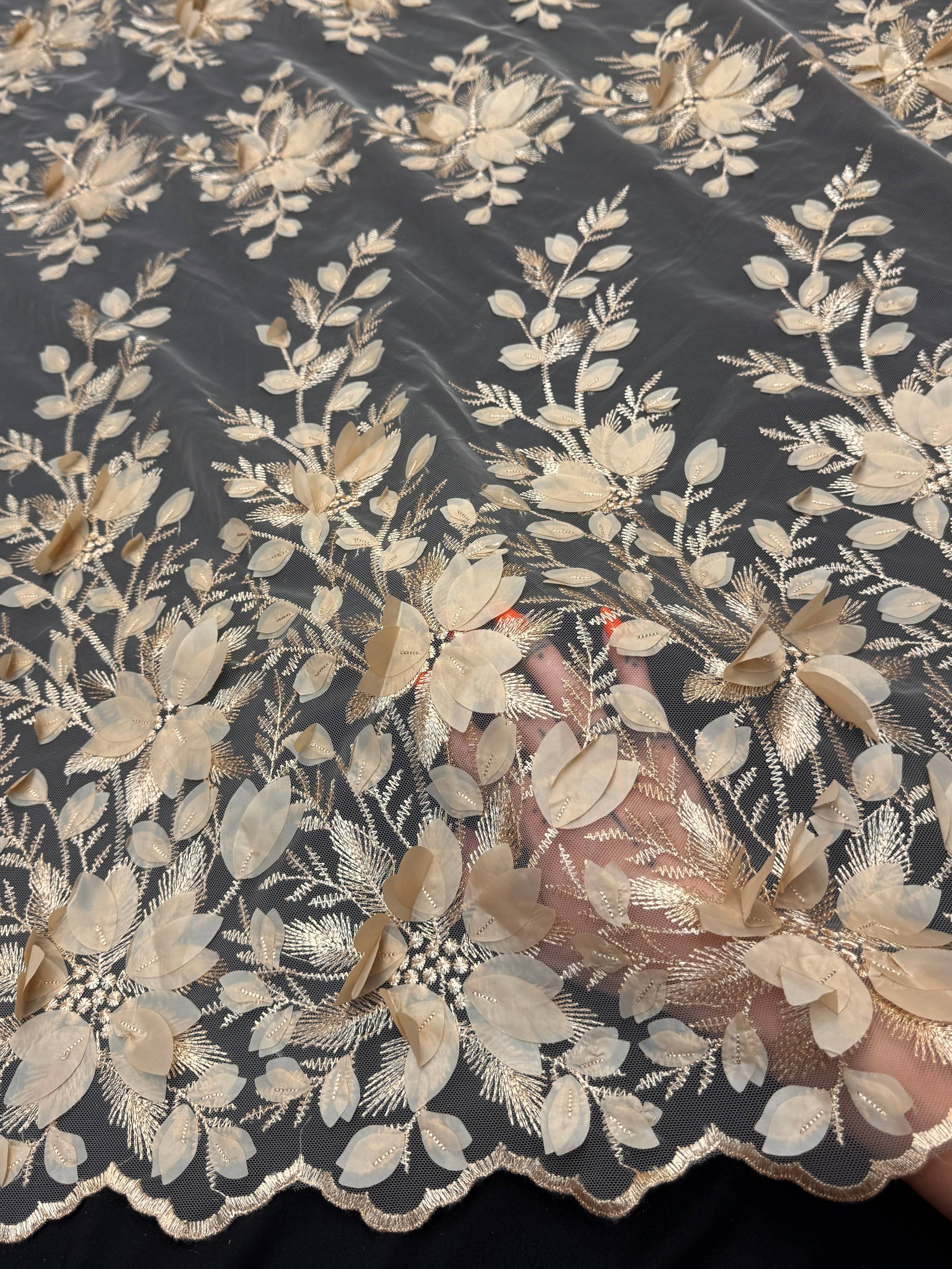 Sand Champagne Petals 3D Couture Embroidered Lace, 3d Floral Lace, Embroidered Lace Fabric, 3d Lace Fabric, Floral Applique Lace, Couture Lace Fabric