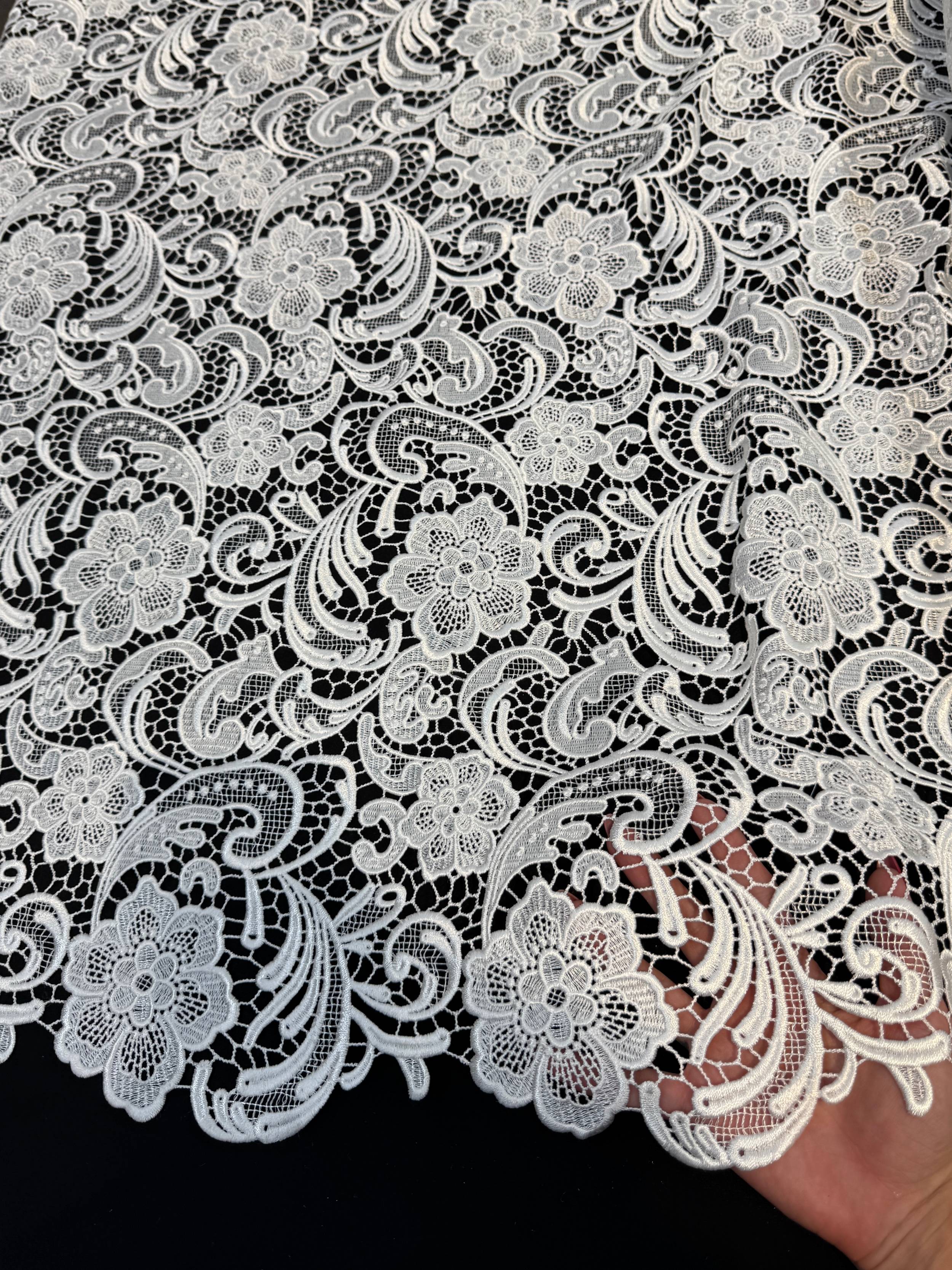 Off White Floral Couture Embroidered Scalloped Guipure, Embroidered Floral Lace, Scalloped Lace Fabric, Couture Lace Fabric, Floral Embroidered Lace, Bridal Lace Fabric