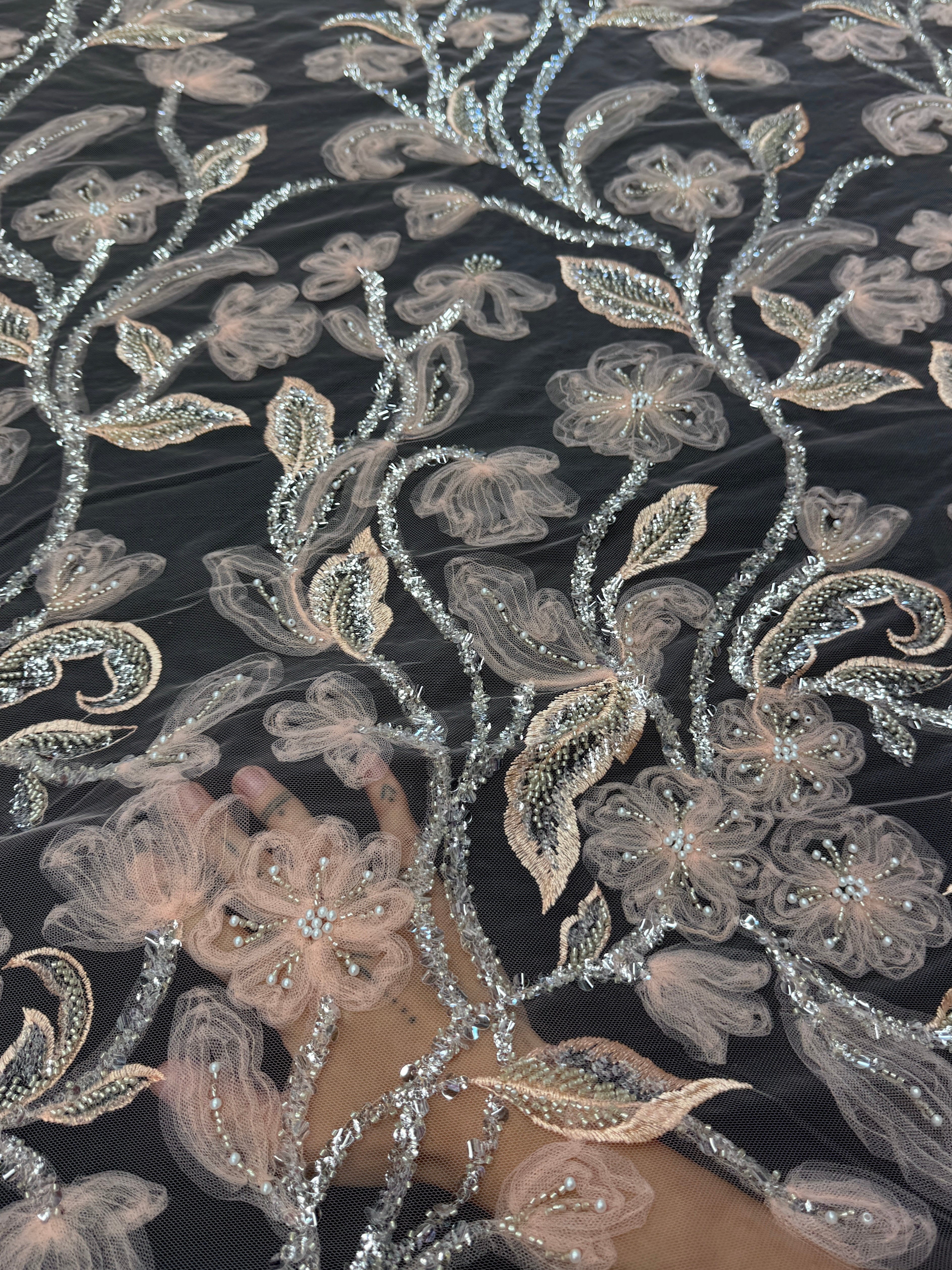 Peach 3D Floral Tulle Beaded Lace Mesh, Beaded Lace Mesh, Floral Beaded Lace, 3D Flower Lace, Embroidered Tulle Lace, Embellished Tulle Fabric, Luxury Lace Fabric