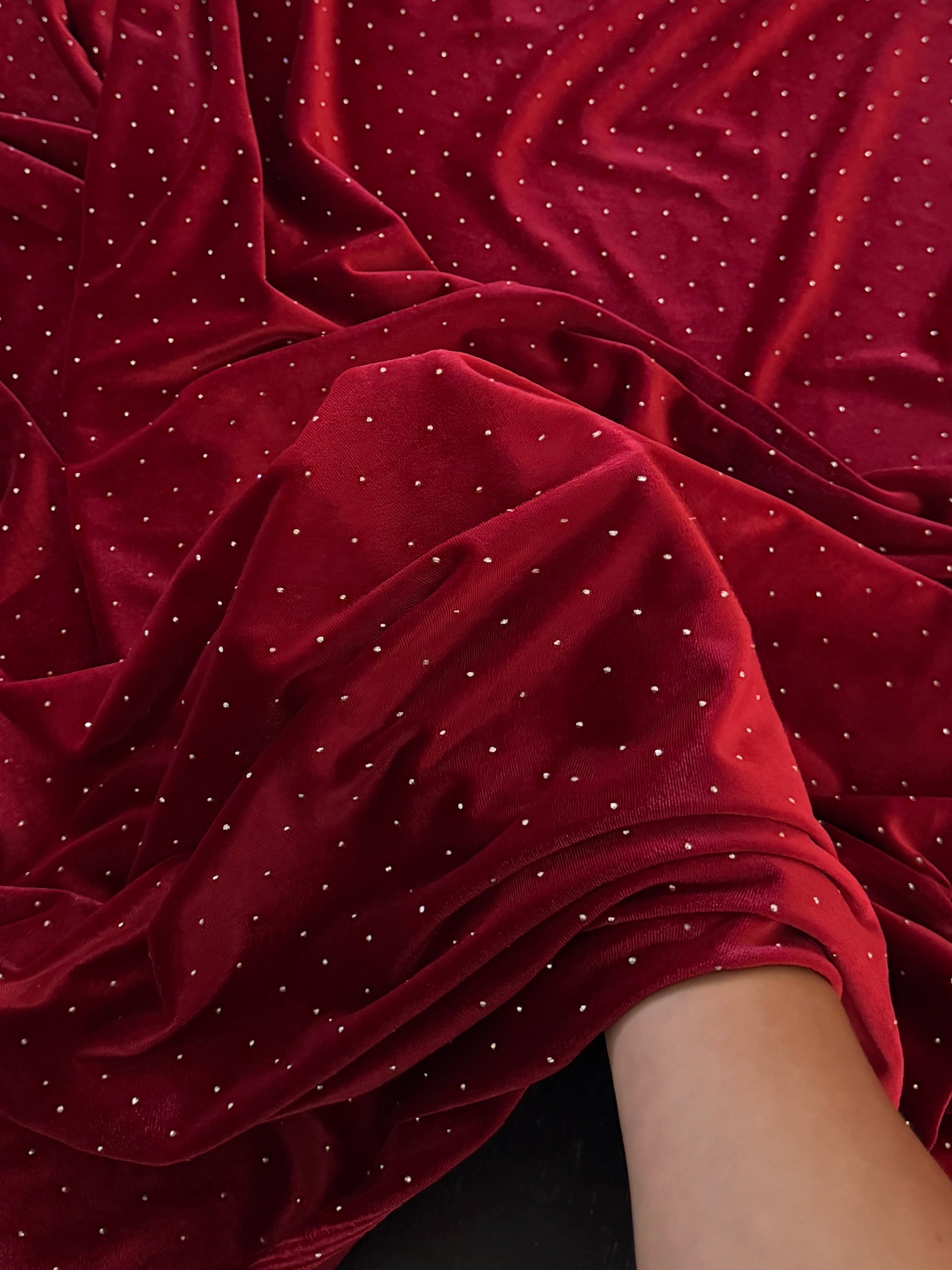Red Sturdust Rhinestone Beaded Stretch Velvet, Rhinestone Velvet, Beaded Velvet, Stretch Velvet, Velvet Fabric, Rhinestone Fabric, Beaded Fabric, Embellished Velvet, Embellished Fabric, Crystal Velvet