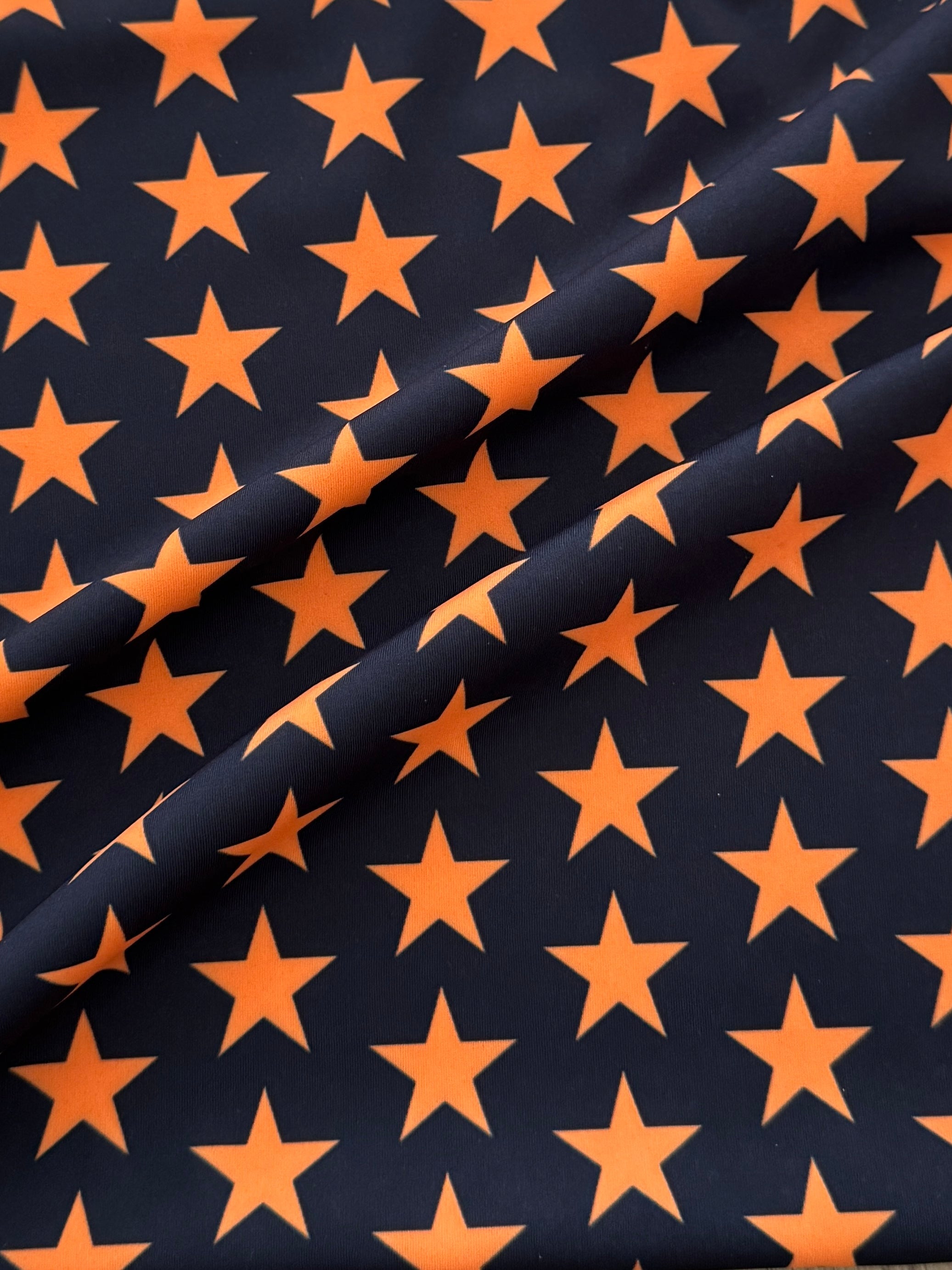 Orange on Black Mini Stars Print Nylon Spandex, Halloween Spandex, Halloween Fabric, Spandex Fabric, Nylon Spandex, Stretch Fabric, 4 Way Stretch, Spooky Fabric