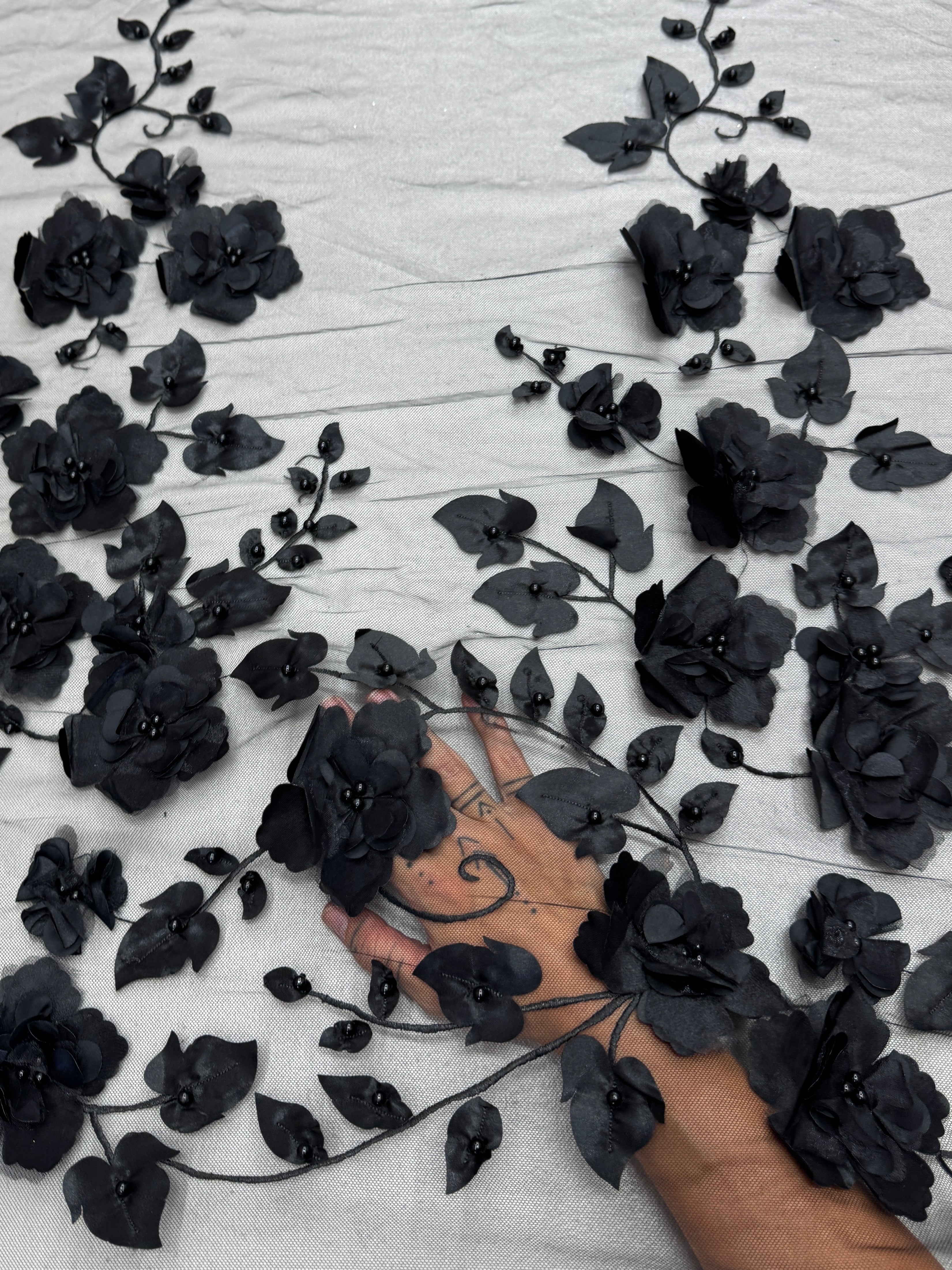 Black 3D Flower Beaded Lace Mesh, Beaded Lace Mesh, Floral Beaded Lace, 3D Floral Lace, Flower Lace Fabric, Embroidered Lace Fabric, Embellished Lace Fabric, Luxury Lace Fabric