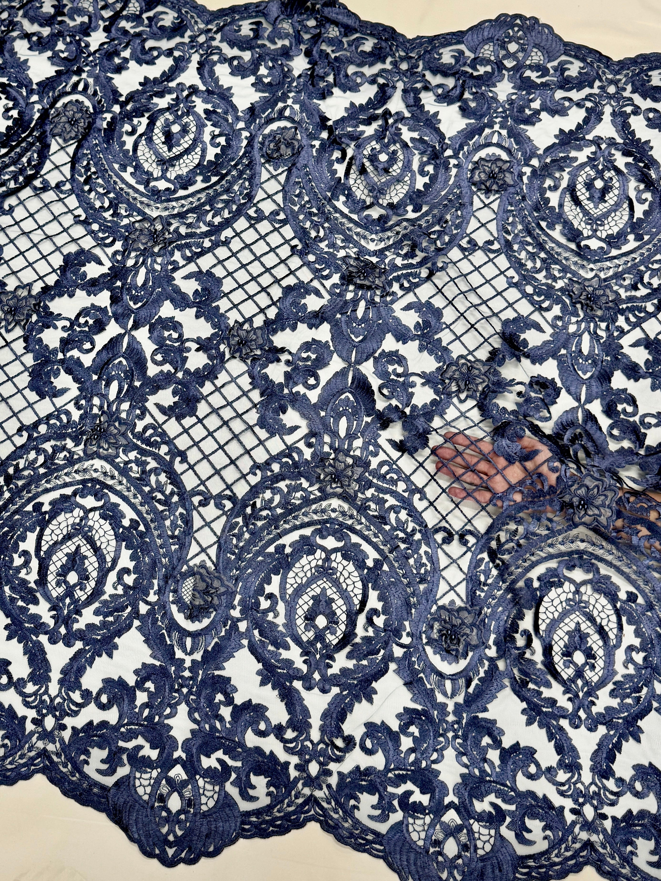 Navy Baroque Embroidered Scalloped Lace, Embroidered Lace Fabric, Embroidered Lace, Embellished Lace Fabric, Luxury Lace Fabric, Fancy Lace Fabric