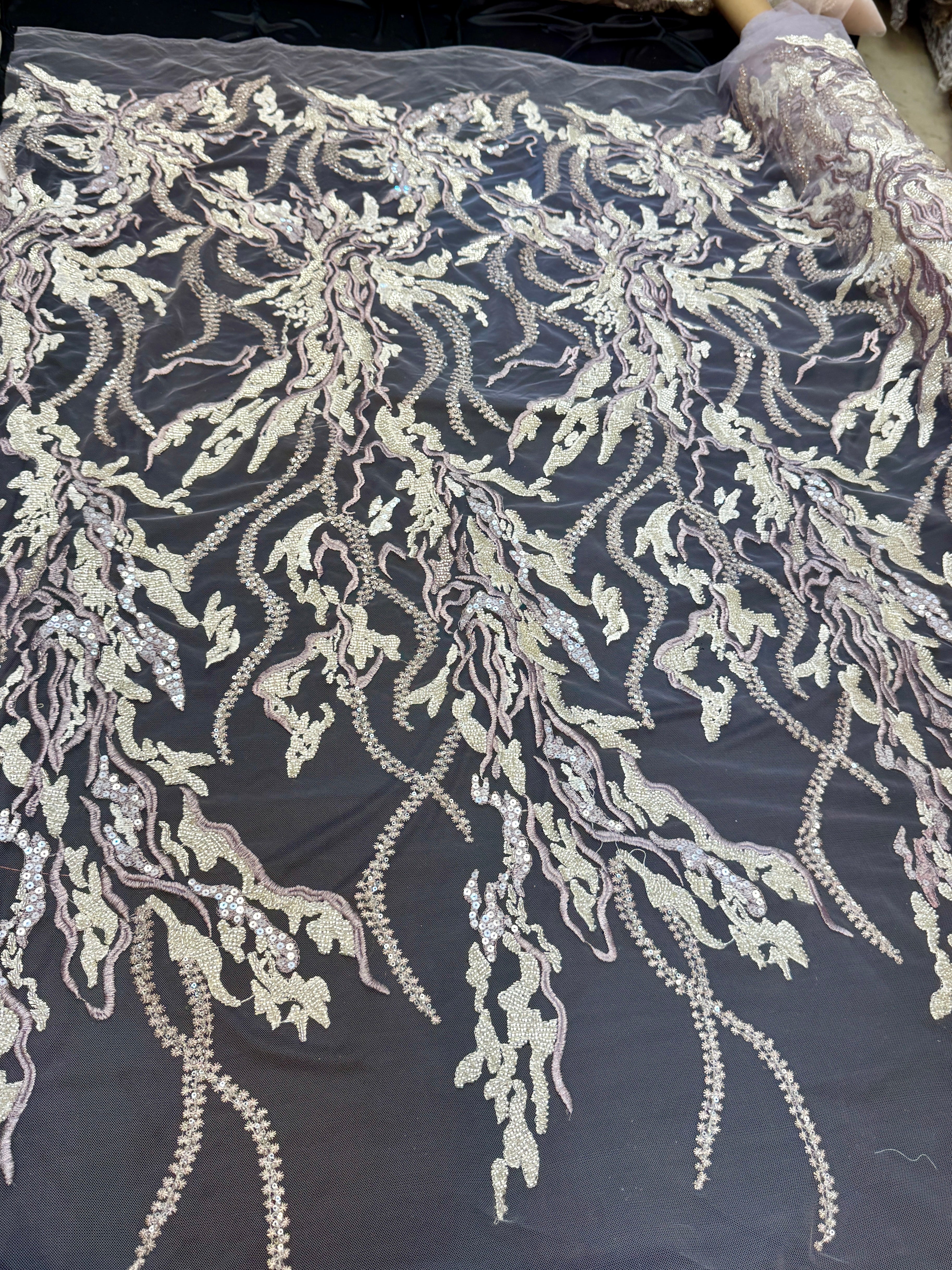 Champagne-Lilac Abstract Leaf Beaded Sequin Lace, Leaf Sequin Lace, Beaded Sequin Lace, Leaf Lace Fabric, Abstract Lace Fabric, Embellished Lace Fabric, Sequin Lace Fabric, Beaded Lace Fabric