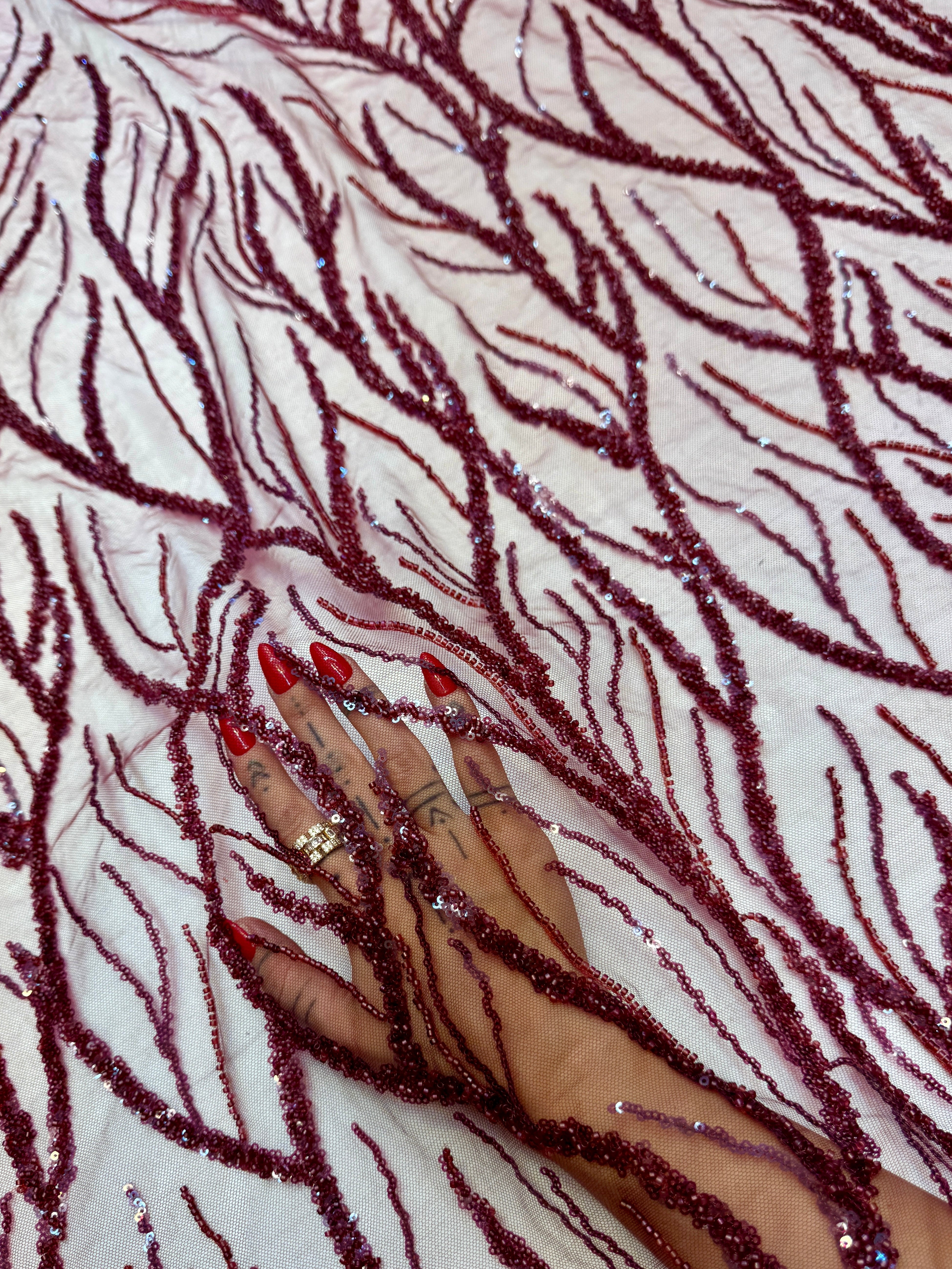 Burgundy Abstract Branch Beaded Sequin Lace on Mesh, Branch Lace Fabric, Beaded Sequin Lace, Sequin Mesh Lace, Beaded Lace Mesh, Abstract Lace Fabric, Embellished Lace Fabric
