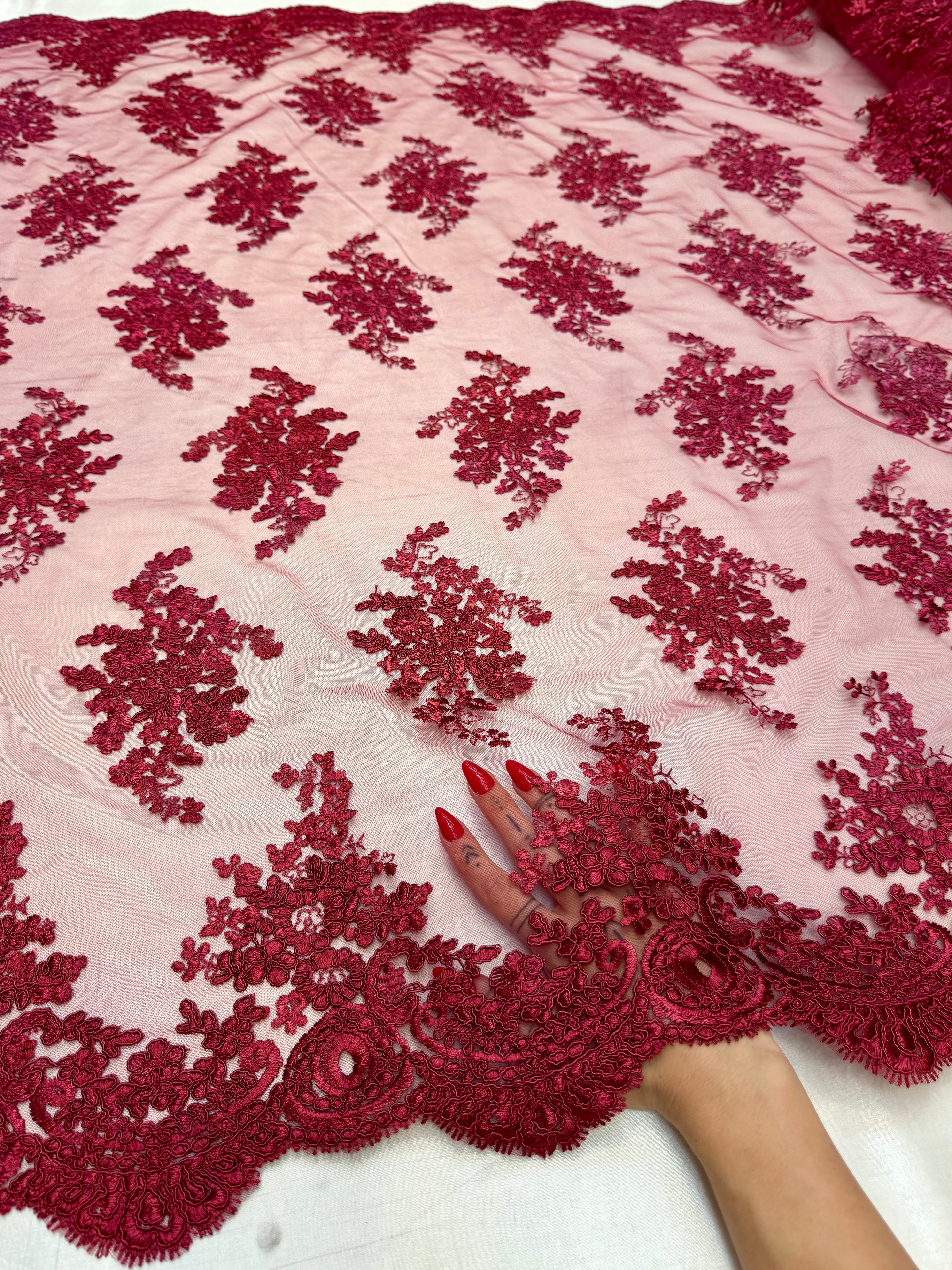 Burgundy Fleur Scalloped Lace Mesh, Scalloped Lace Fabric, Fleur Lace Fabric, Embroidered Lace Mesh, Sheer Lace Fabric, Floral Mesh Fabric, Bridal Lace Fabric