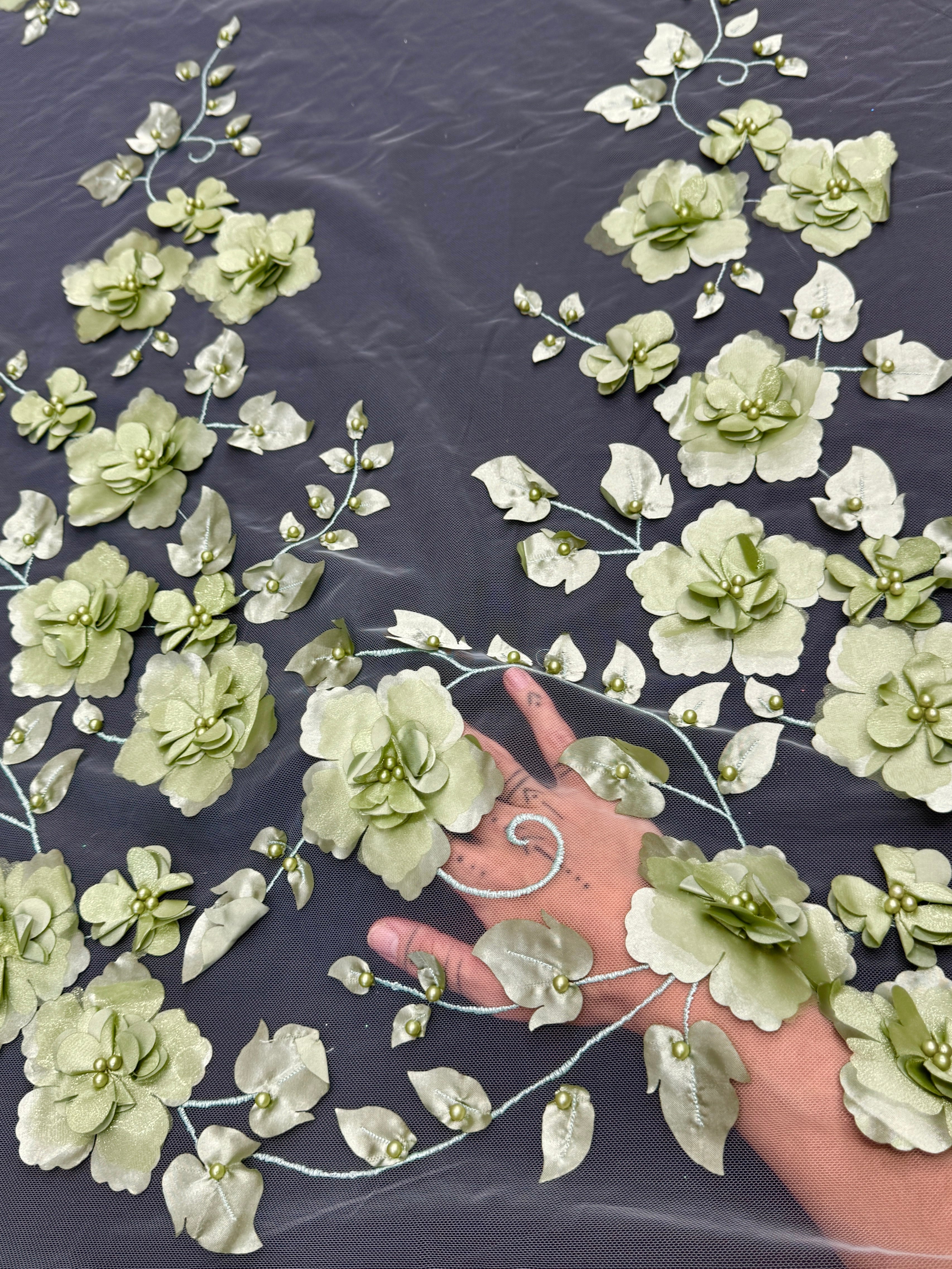 Pistachio 3D Flower Beaded Lace Mesh, Beaded Lace Mesh, Floral Beaded Lace, 3D Floral Lace, Flower Lace Fabric, Embroidered Lace Fabric, Embellished Lace Fabric, Luxury Lace Fabric
