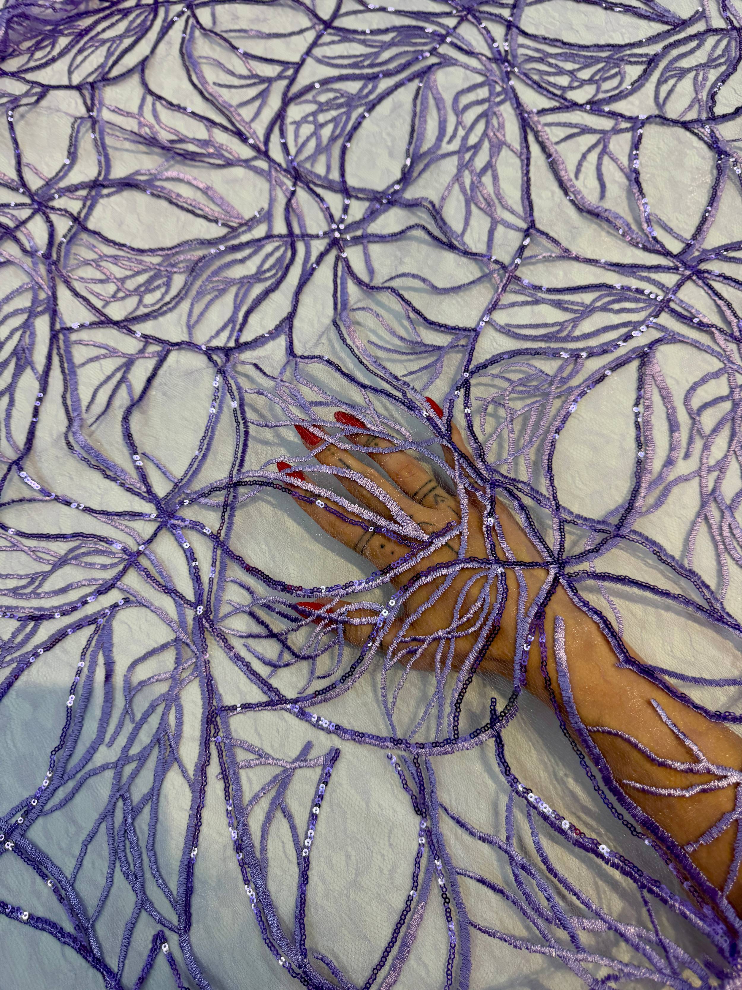 Lavender Infinity Web Sequin Embroidered Mesh, Embroidered Mesh Fabric, Stretch Mesh Lace, Sequin Embroidered Fabric, Sheer Sequin Fabric, Web Lace Fabric, Infinity Lace Fabric