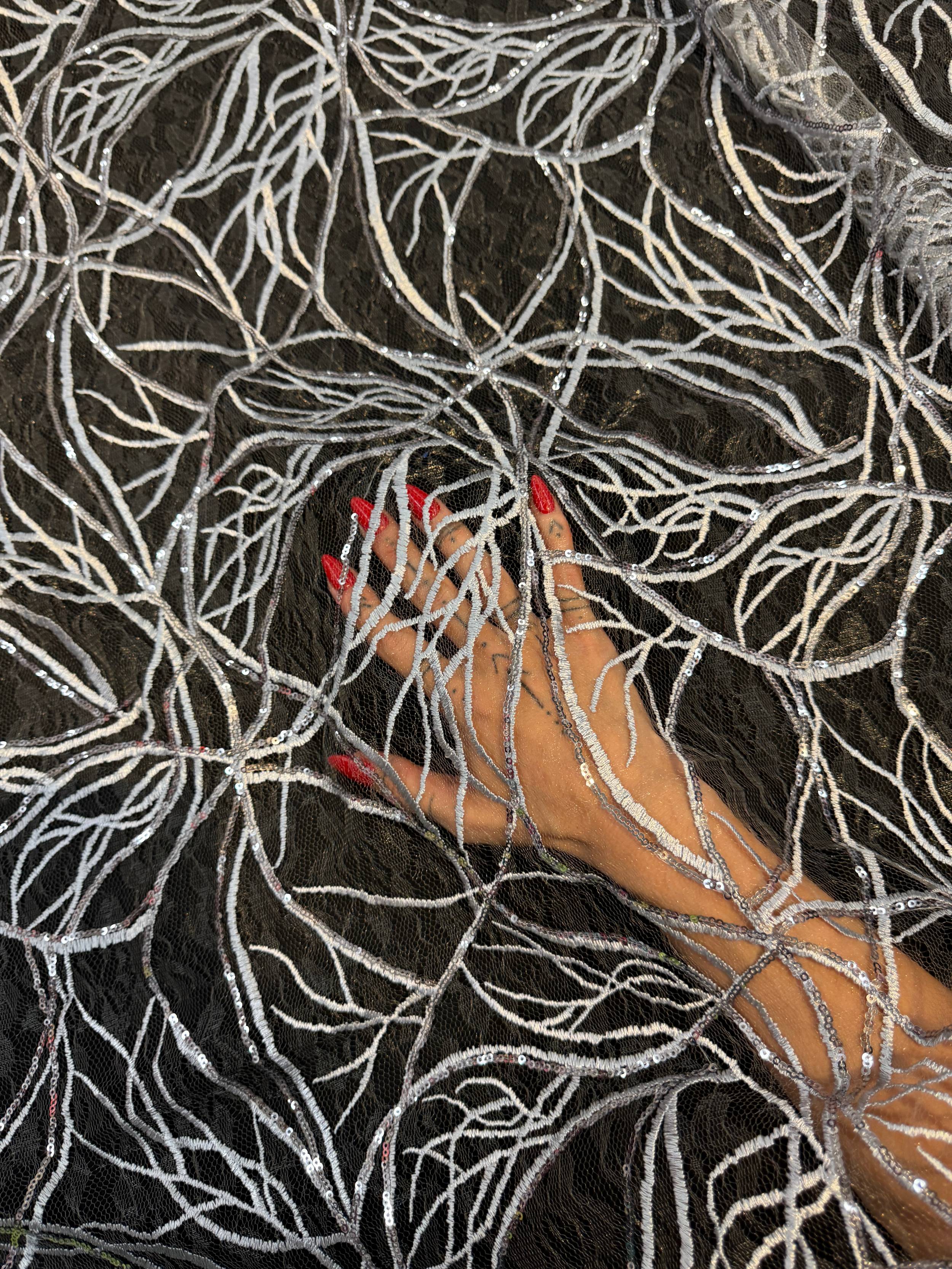Silver Infinity Web Sequin Embroidered Mesh, Embroidered Mesh Fabric, Stretch Mesh Lace, Sequin Embroidered Fabric, Sheer Sequin Fabric, Web Lace Fabric, Infinity Lace Fabric