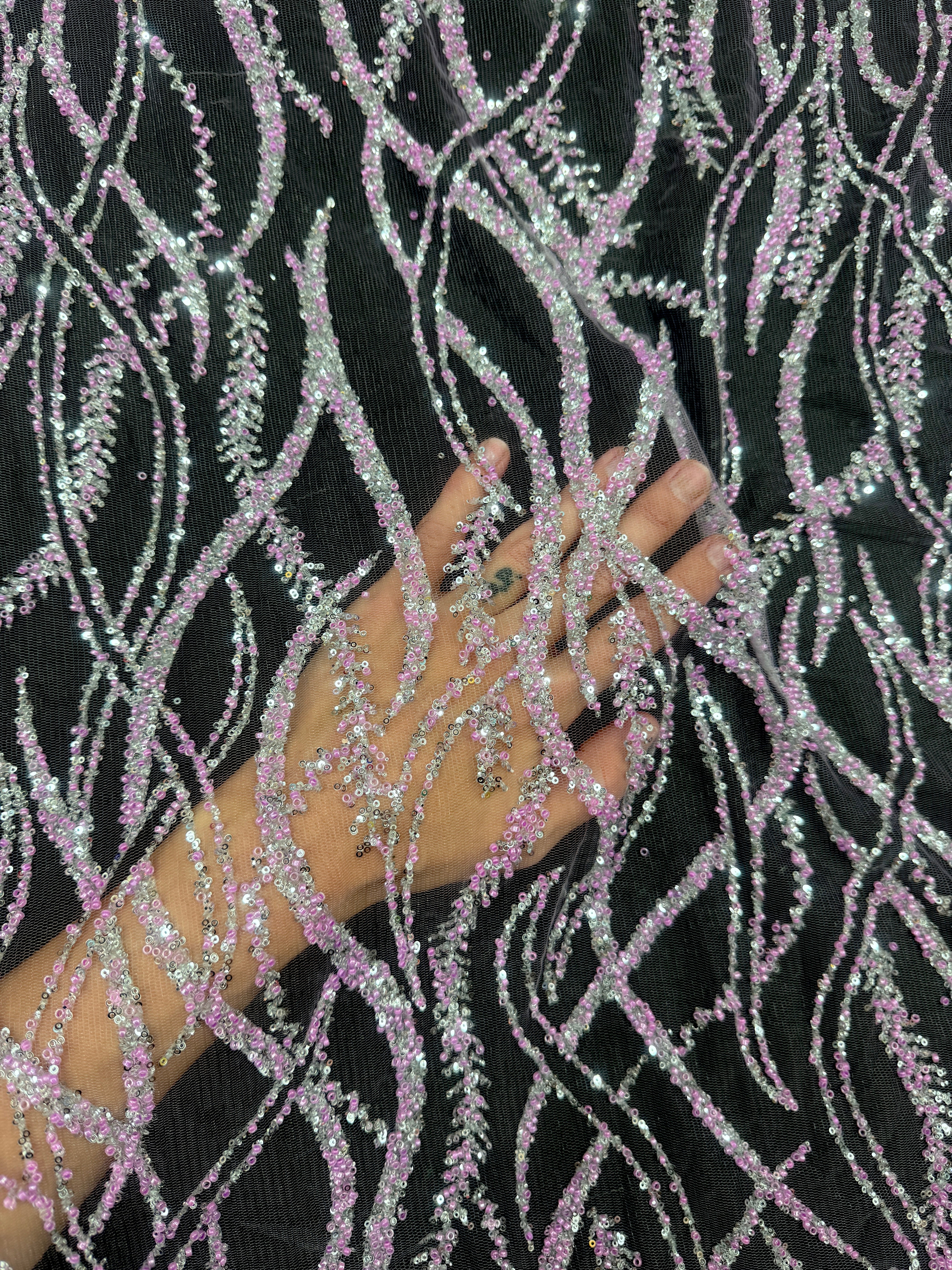 Lavender/Silver Wave Design Glitter Lace Mesh, Lavender/Silver lace mesh, nude lace mesh, lace mesh for woman, lace mesh for bride, lace mesh on sale, lace mesh on discount