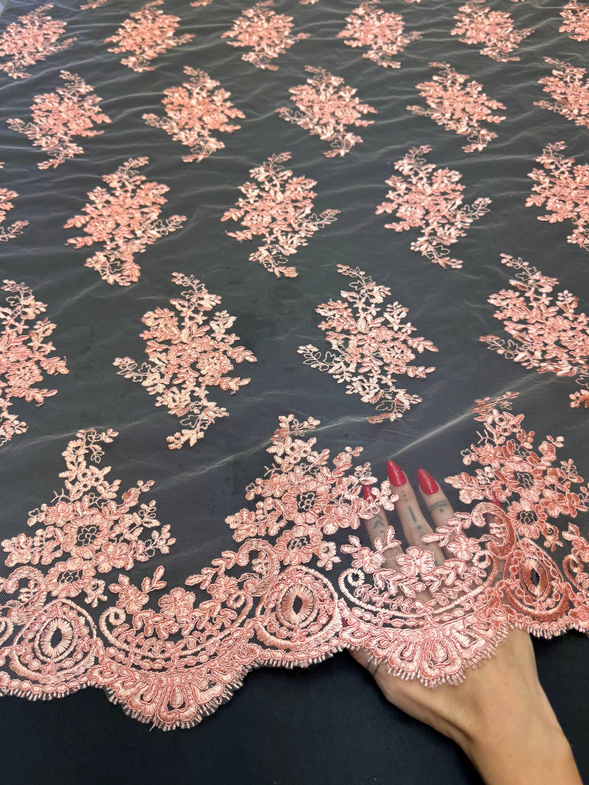 Vintage Rose Fleur Scalloped Lace Mesh, Scalloped Lace Fabric, Fleur Lace Fabric, Embroidered Lace Mesh, Sheer Lace Fabric, Floral Mesh Fabric, Bridal Lace Fabric