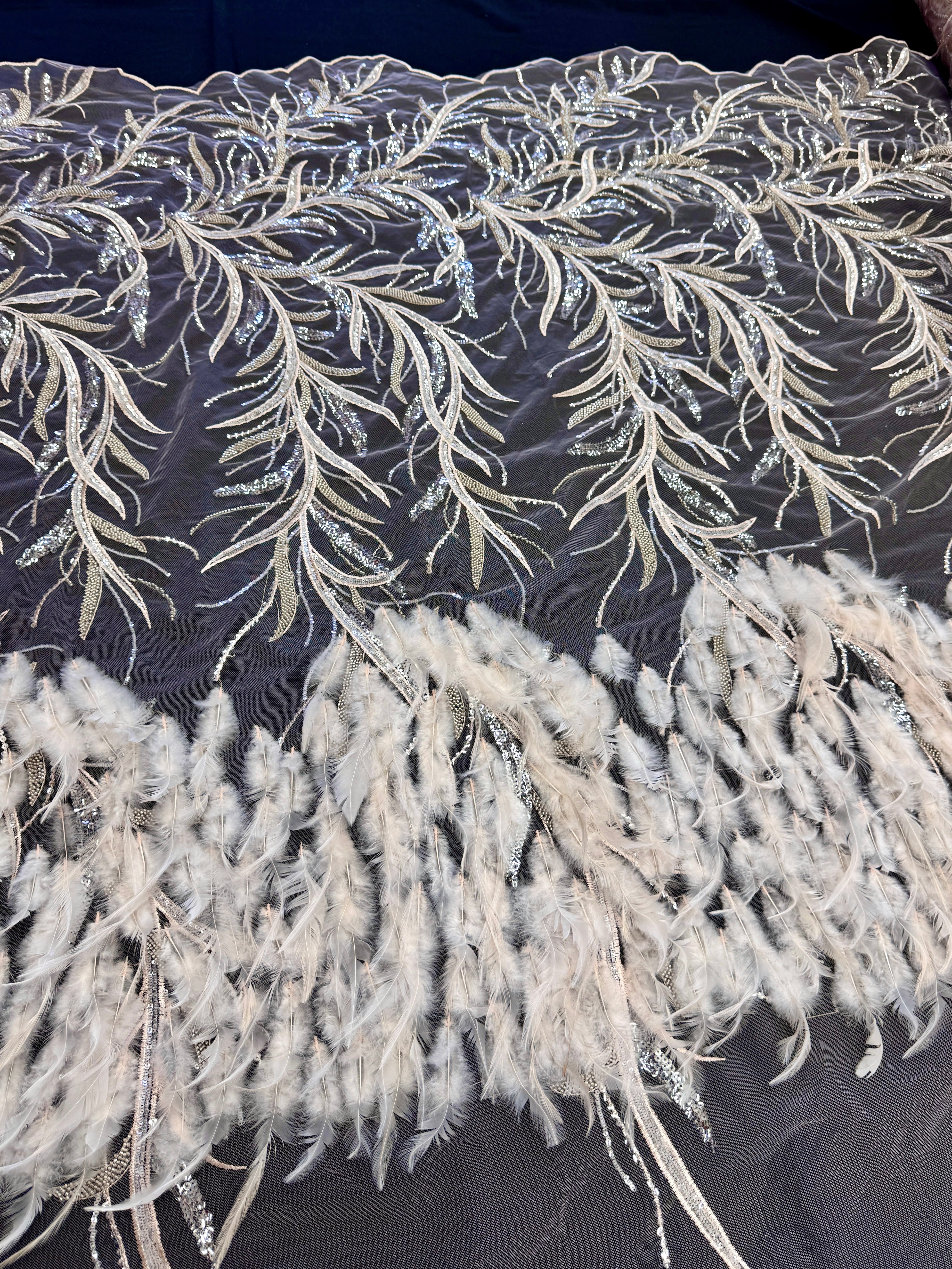 Pale Blush Feather Sequin Embroidered Scalloped Lace, Embroidered Lace Fabric, Sequin Embroidered Lace, Embellished Lace Fabric, Luxury Lace Fabric, Fancy Lace Fabric