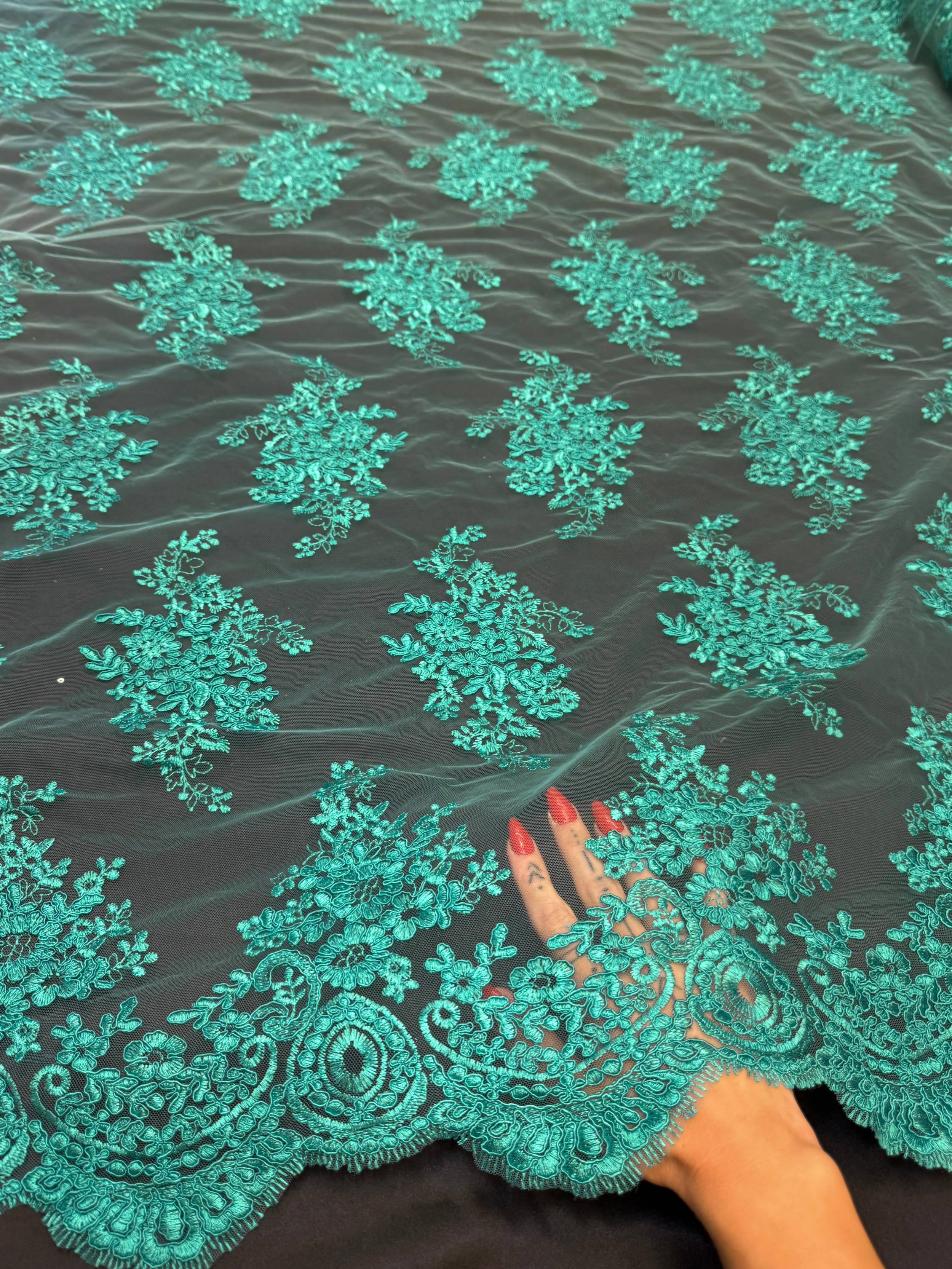 Lagoon Emerald Fleur Scalloped Lace Mesh, Scalloped Lace Fabric, Fleur Lace Fabric, Embroidered Lace Mesh, Sheer Lace Fabric, Floral Mesh Fabric, Bridal Lace Fabric