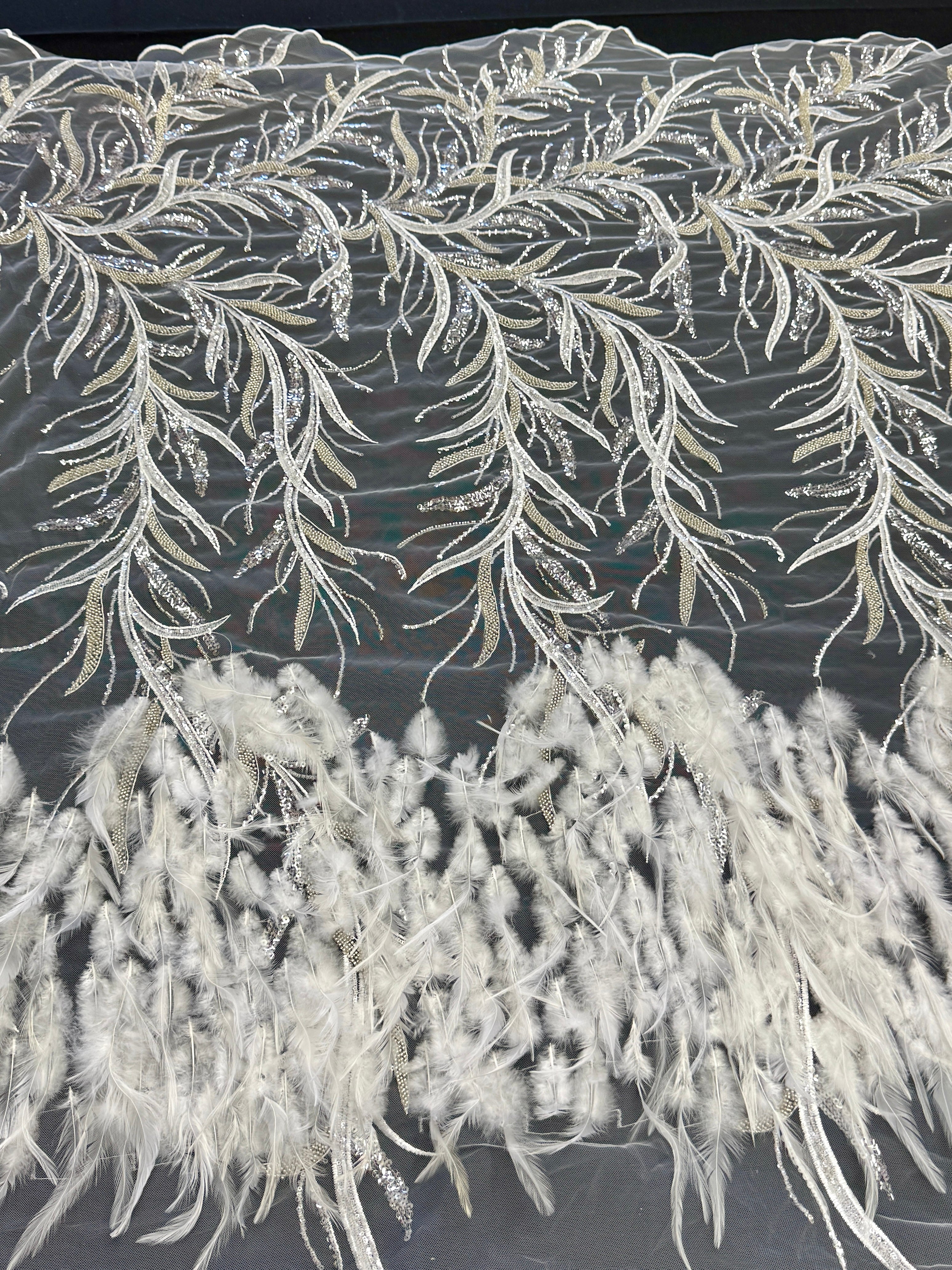 Off White Feather Sequin Embroidered Scalloped Lace, Embroidered Lace Fabric, Sequin Embroidered Lace, Embellished Lace Fabric, Luxury Lace Fabric, Fancy Lace Fabric
