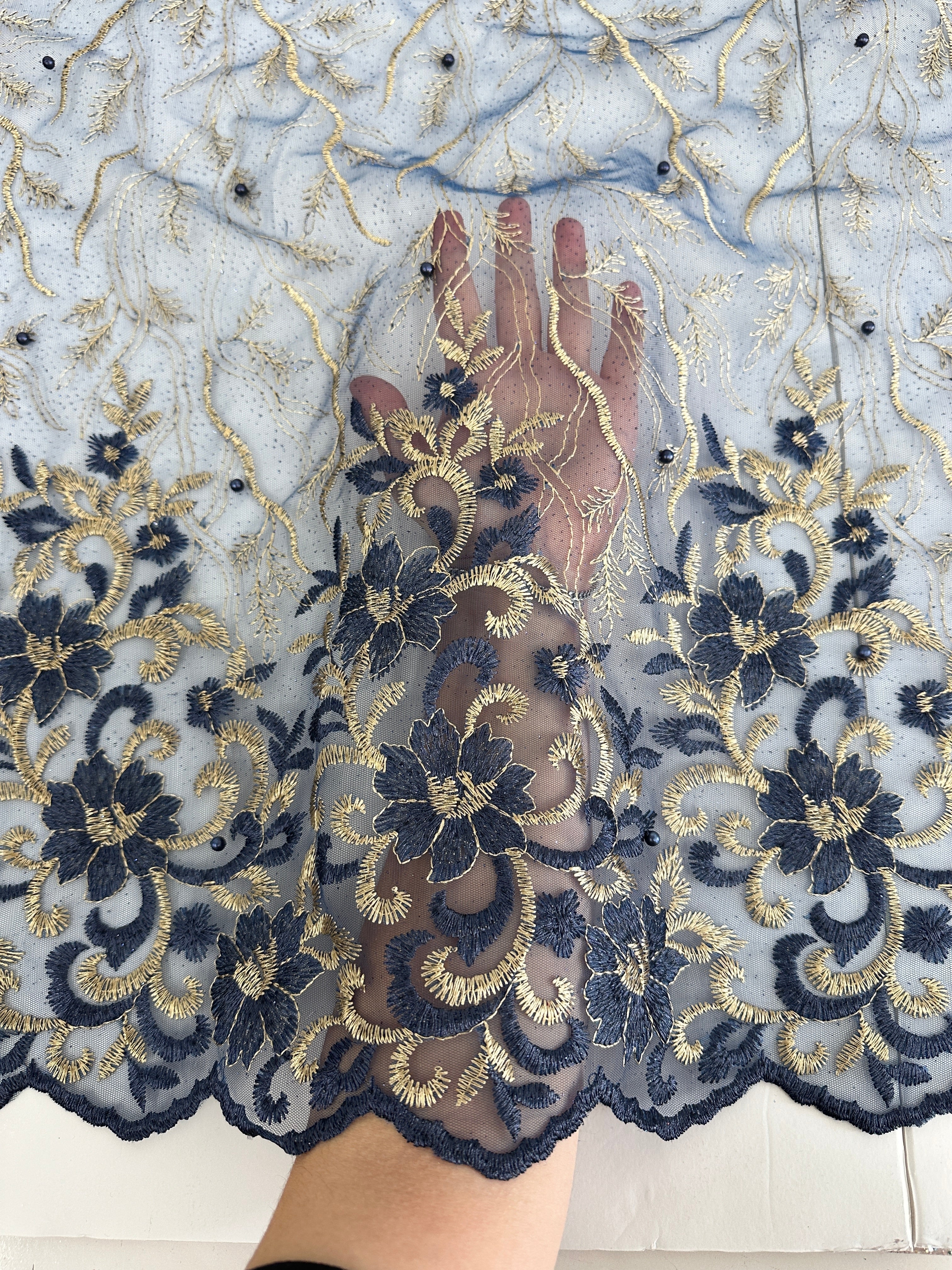 Gold-Navy Embroidered Glitter Floral Scalloped Lace, Gold-Silver Lace, Embroidered Lace, Nude Lace Mesh, Lace for Woman, Lace for Bride, Lace on Sale, Lace on Discount