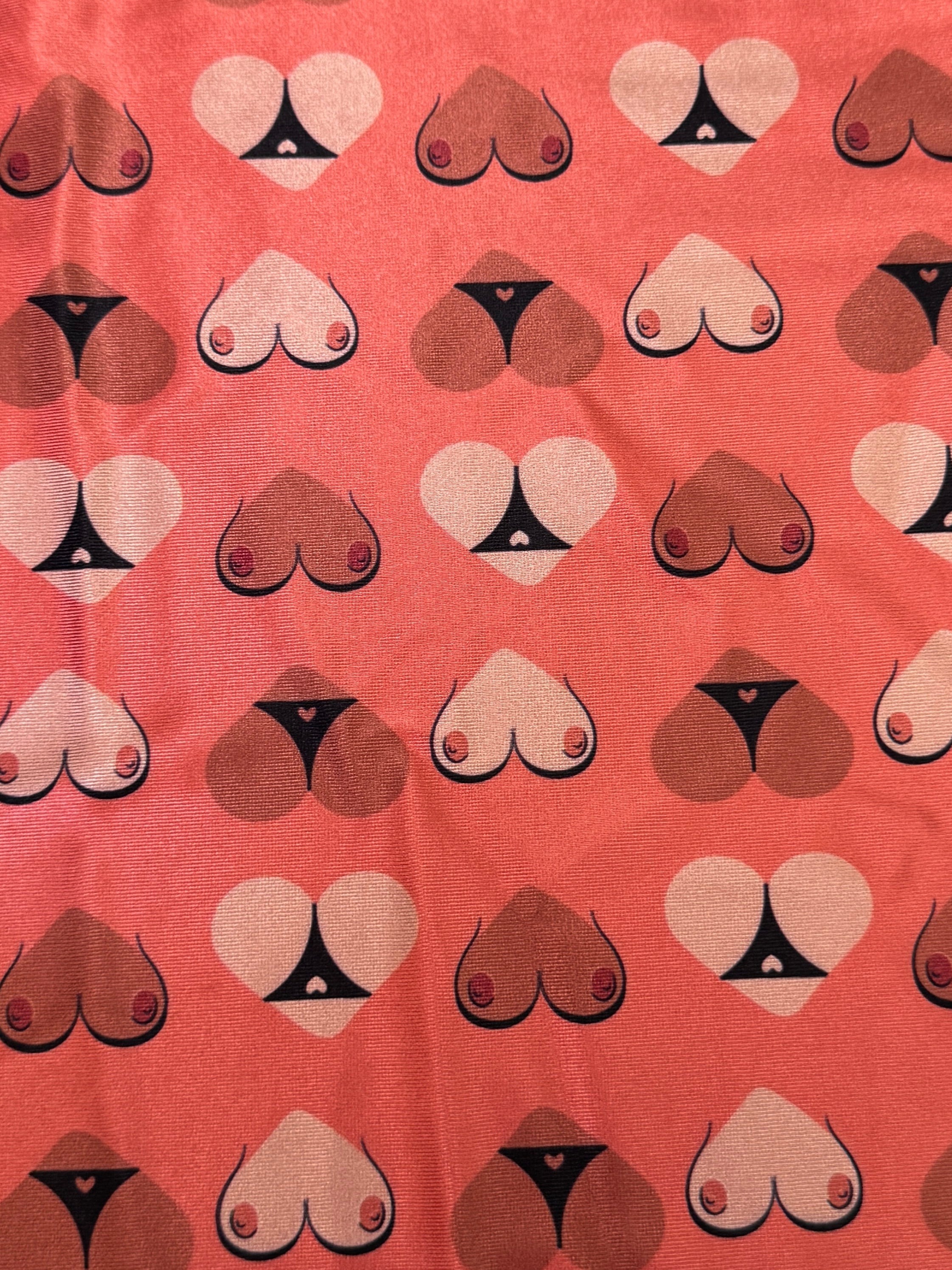 Cheeky Hearts Nylon Spandex, Nylon Spandex Print, Printed Spandex Fabric, Stretch Print Fabric, Printed Stretch Fabric, Spandex Print Fabric, Printed Fabric Stretch