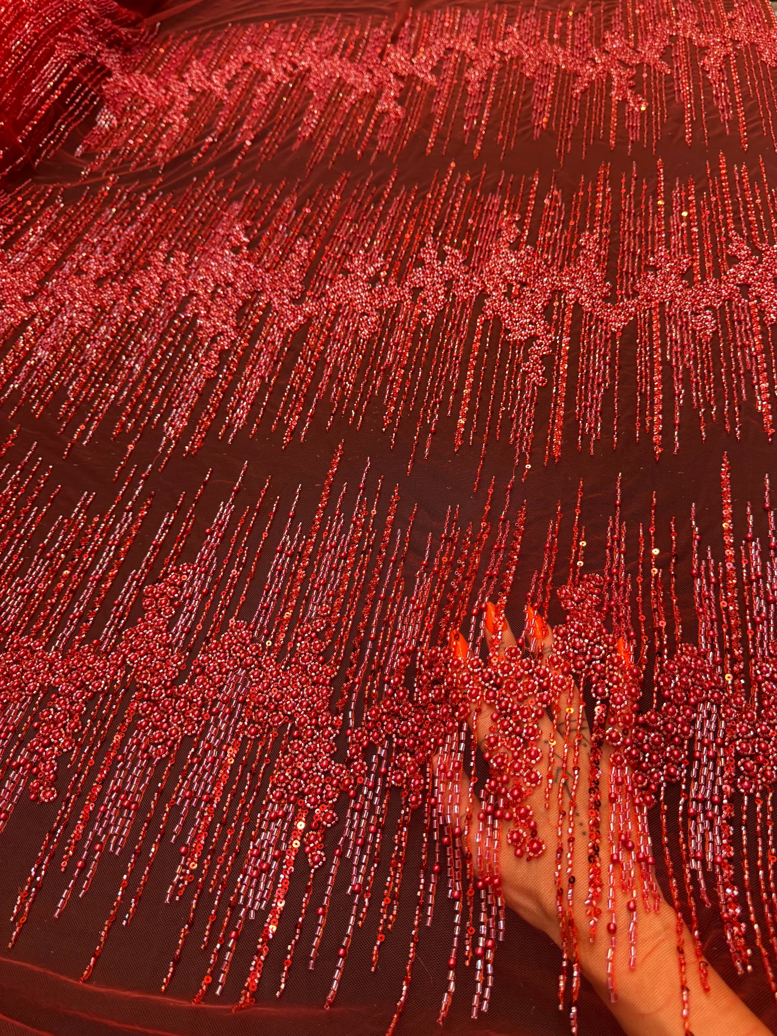 Red Crimson Cascade Crystal & Bugle Beaded Lace, Crystal Beaded Lace, Bugle Bead Lace, Pearl Beaded Lace, Sequin Lace Fabric, Bridal Lace Fabric, Couture Lace Fabric