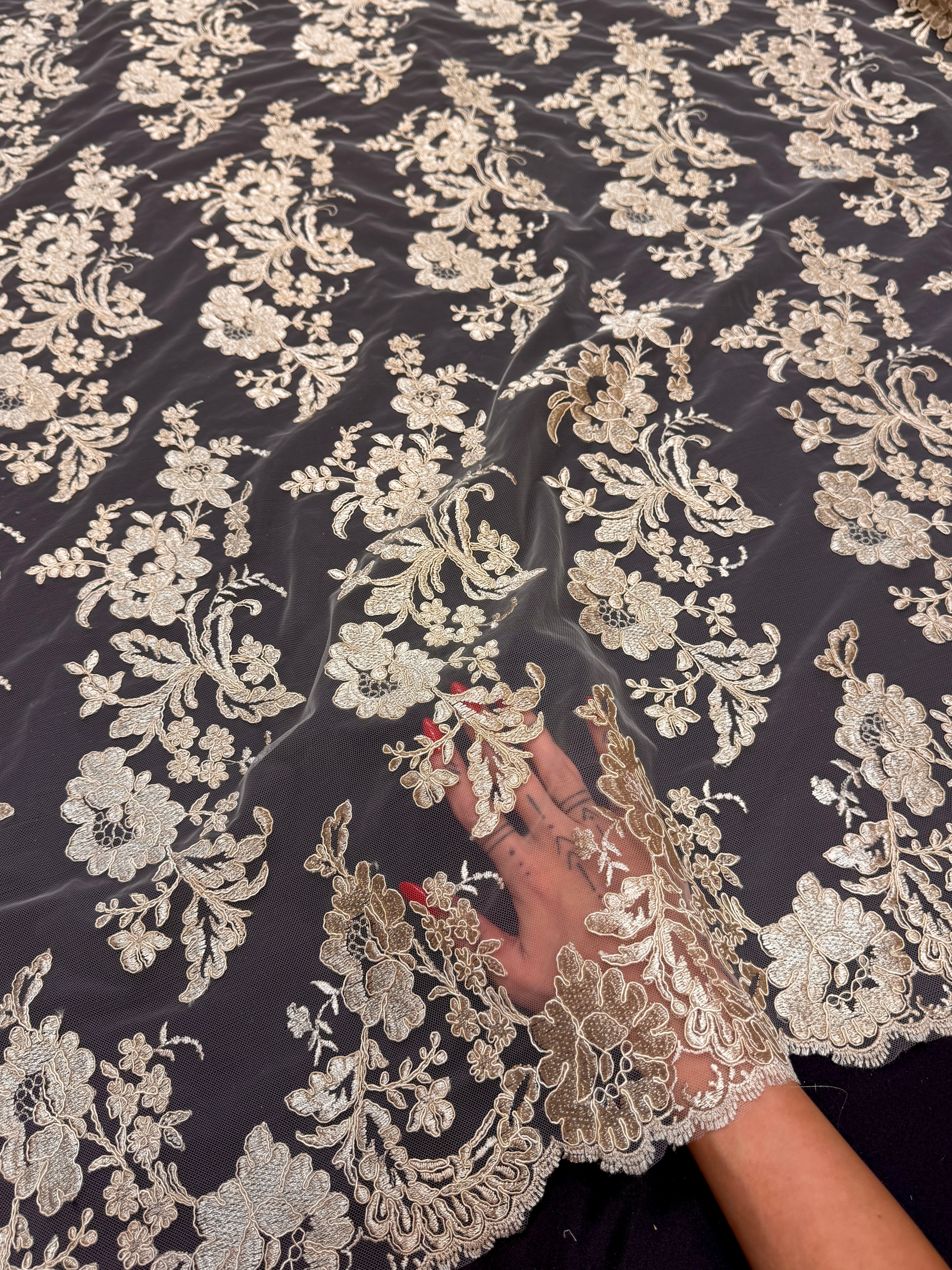Gold Romantic Bloom Embroidered Mesh Lace, Romantic Lace Fabric, Sheer Embroidered Lace, Bloom Lace Fabric, Bridal Lace Fabric, Wedding Dress Lace