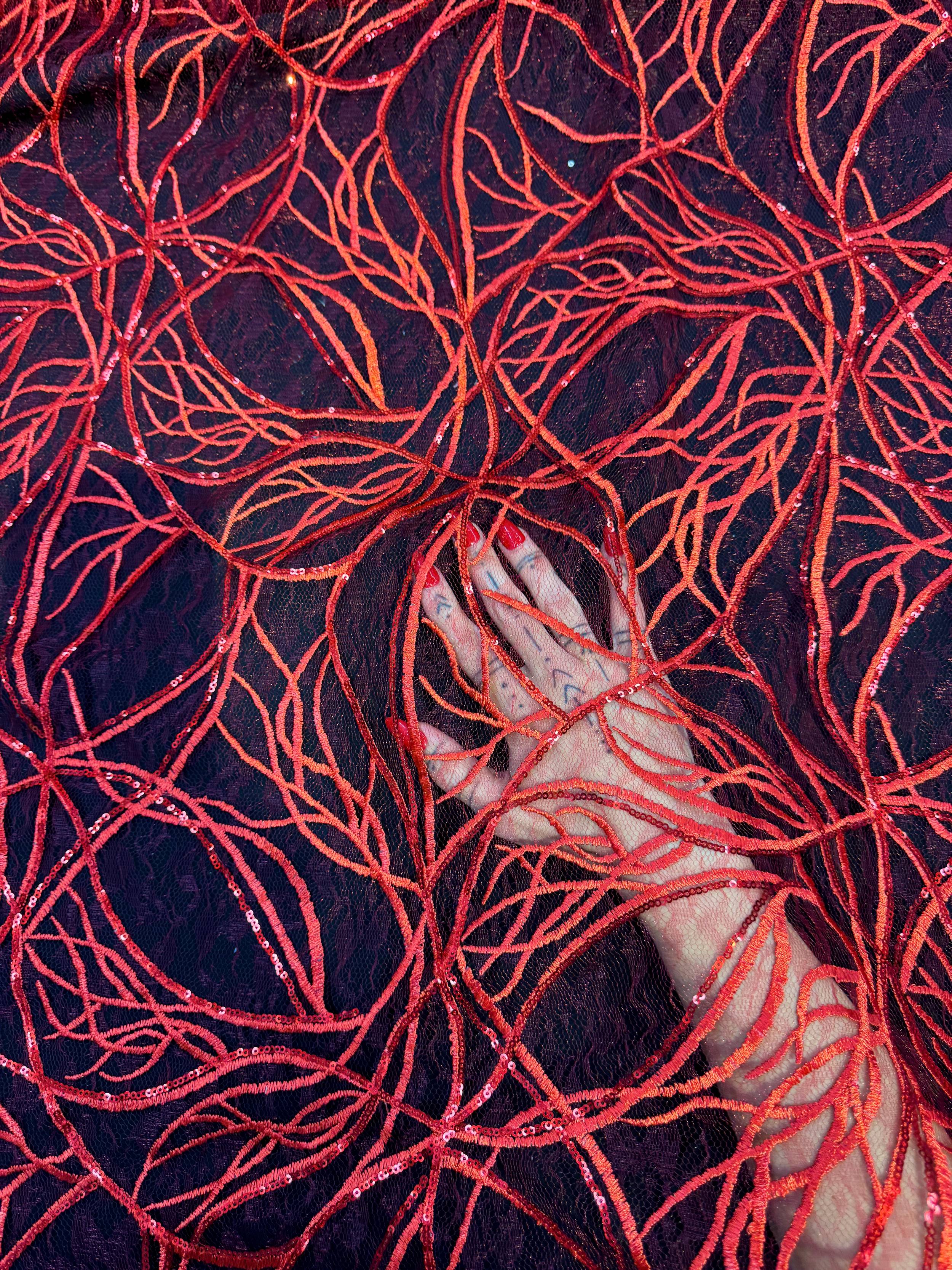 Red Infinity Web Sequin Embroidered Mesh, Embroidered Mesh Fabric, Stretch Mesh Lace, Sequin Embroidered Fabric, Sheer Sequin Fabric, Web Lace Fabric, Infinity Lace Fabric