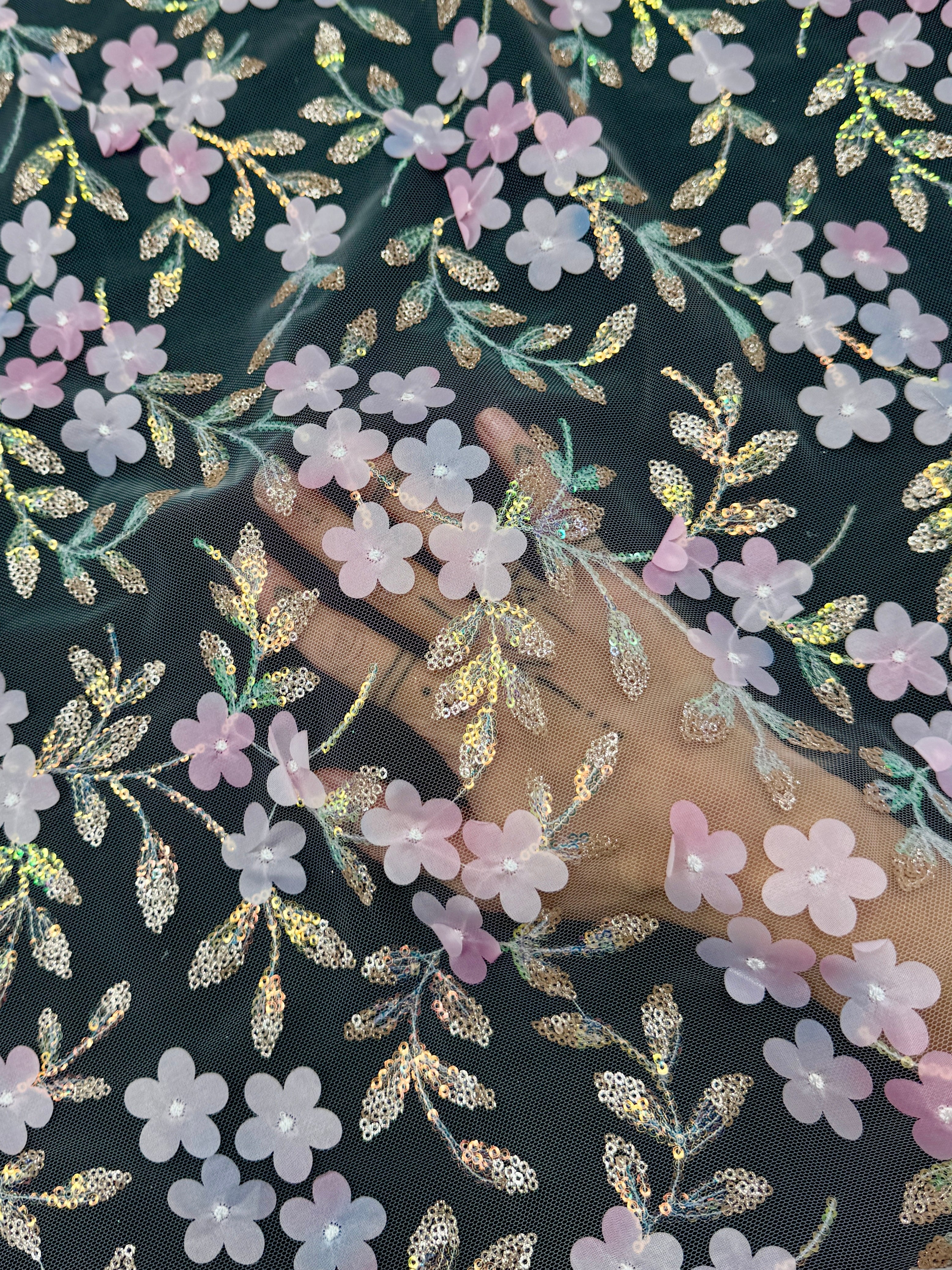 Baby Pink Multicolor 3D Floral Embroidered Tulle, Multicolor Tulle Fabric, Embroidered Tulle Fabric, Floral Embroidered Tulle, 3D Embroidered Tulle, Multicolor Floral Tulle, Embellished Tulle Fabric