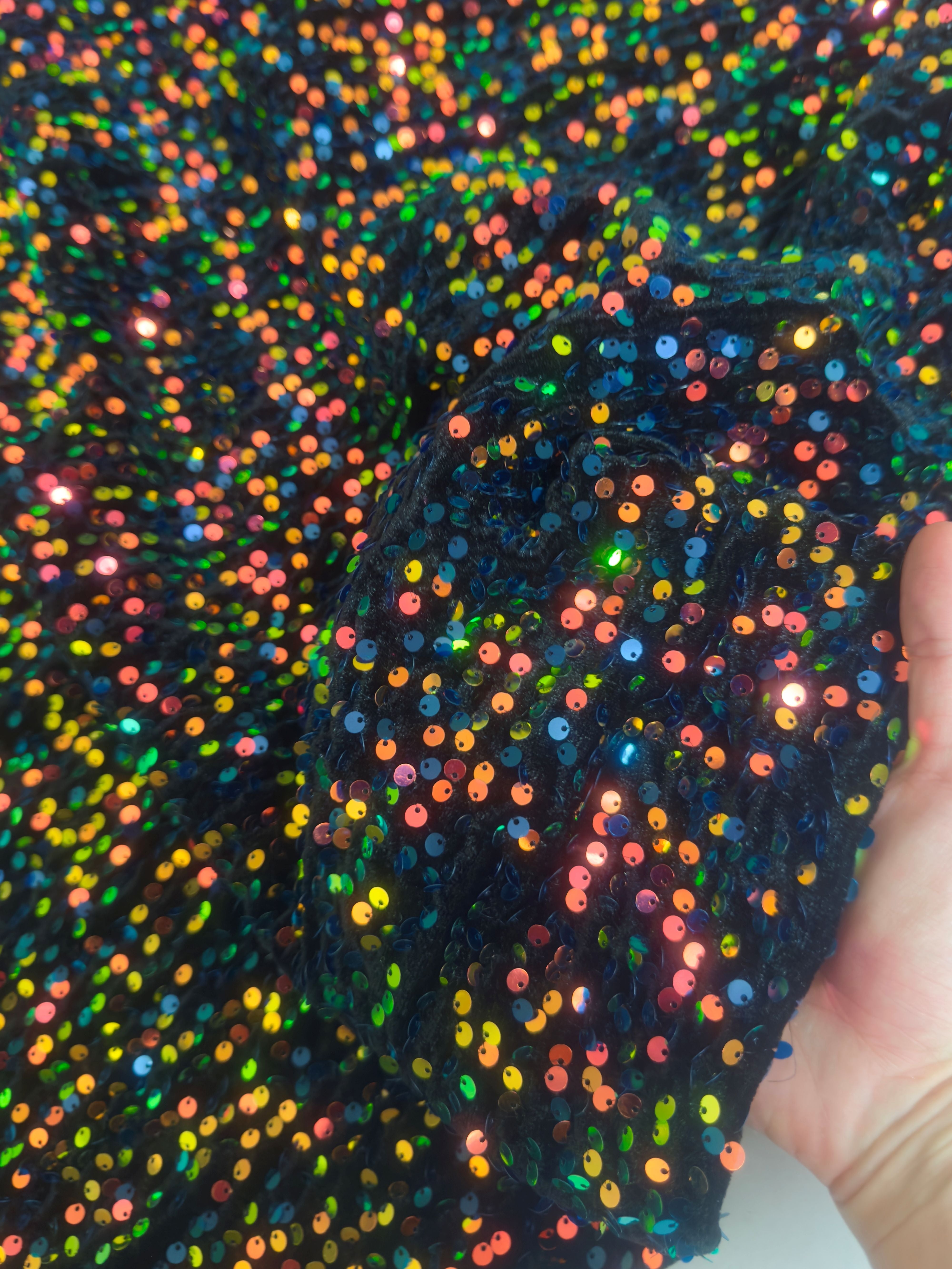 Multicolor Iridescent Sequins Velvet, Sequins Velvet, Stretch Sequin Mesh, Stretch Sequin velvet for woman, Stretch Sequin velvet for bride, Stretch Sequin velvet on discount, Stretch Sequin velvet online
