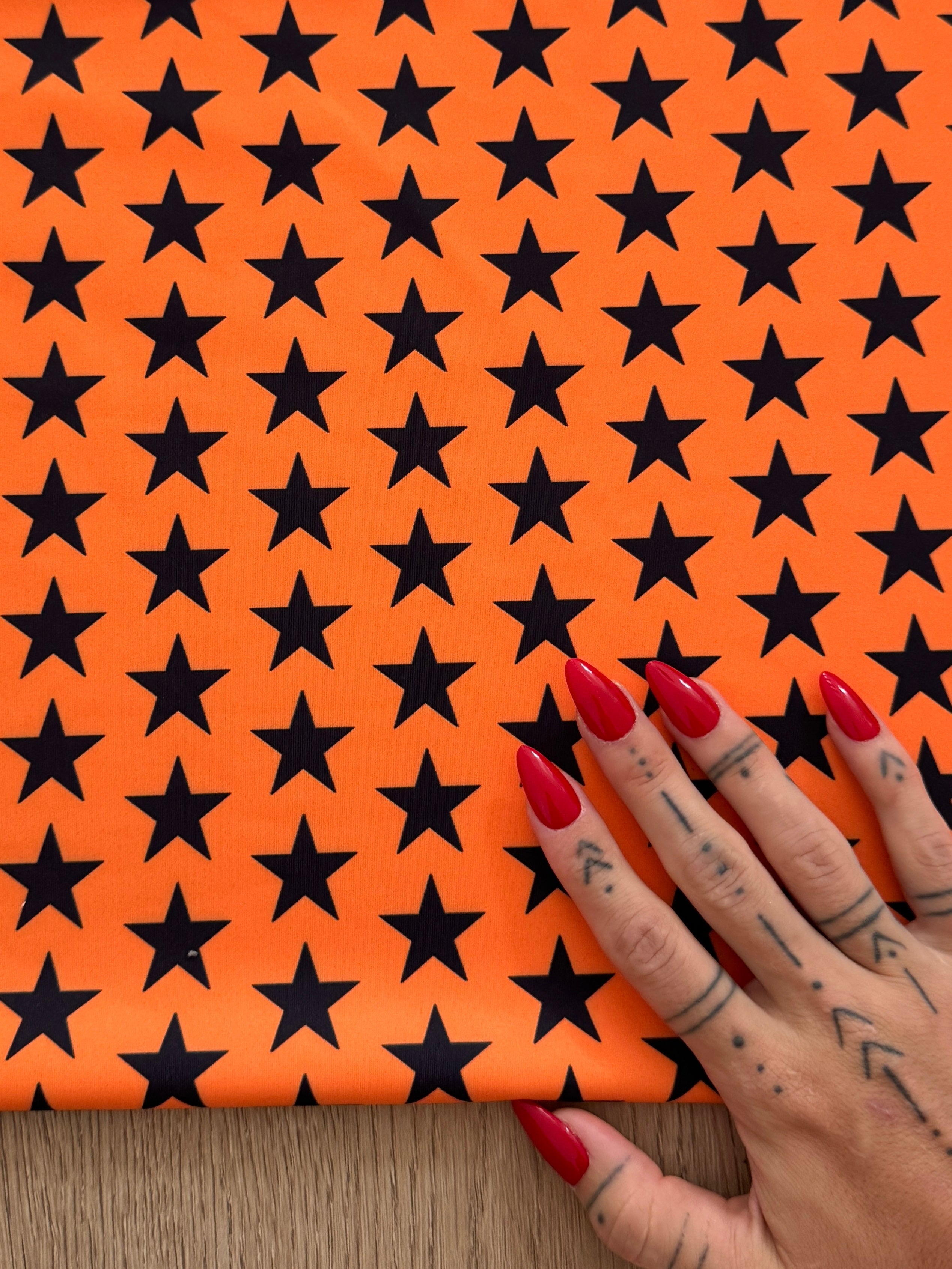 Black on Orange Mini Stars Print Nylon Spandex, Halloween Spandex, Halloween Fabric, Spandex Fabric, Nylon Spandex, Stretch Fabric, 4 Way Stretch, Spooky Fabric