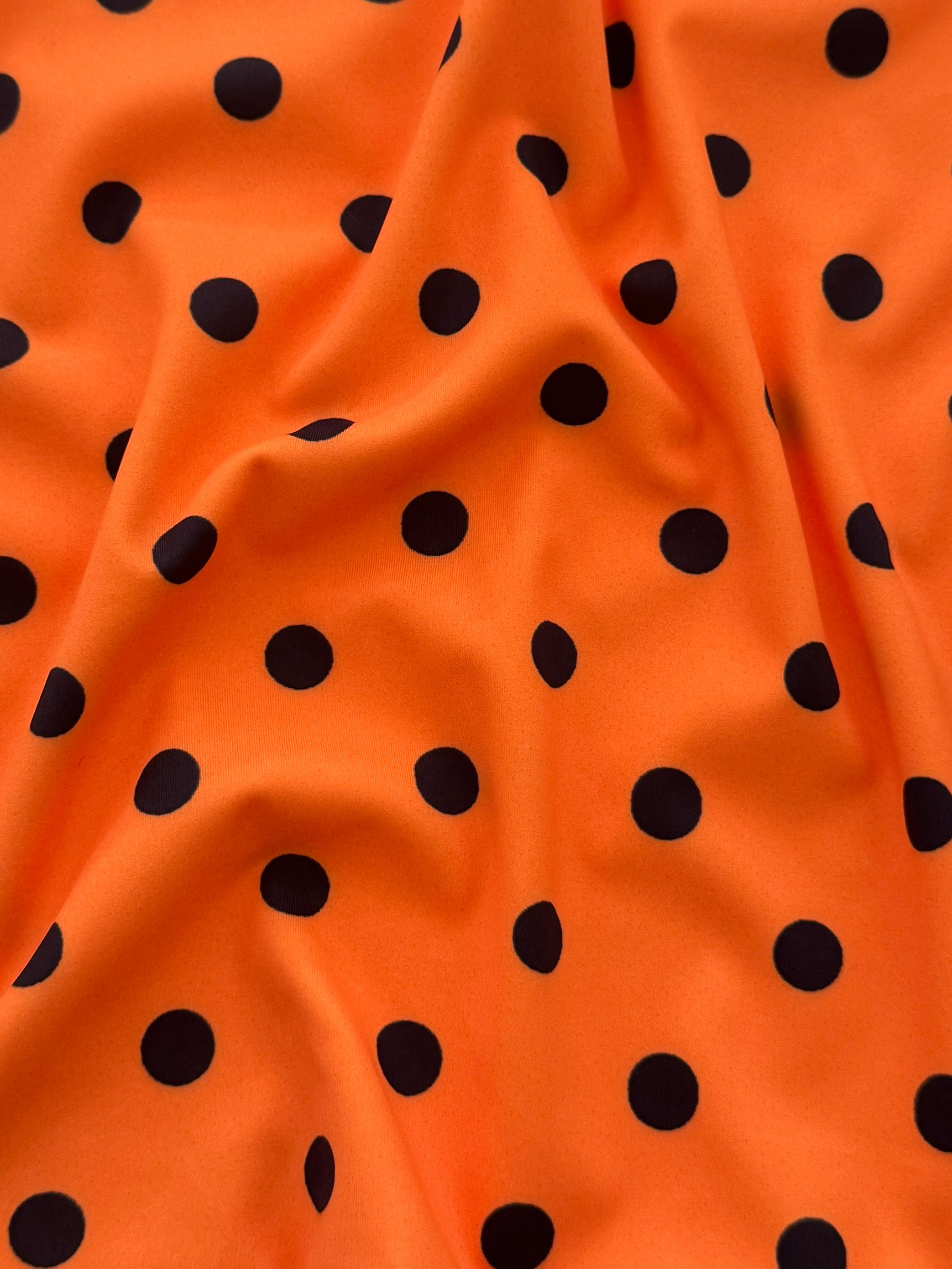 Black on Orange Polka Dot Print Nylon Spandex, Halloween Spandex, Halloween Fabric, Spandex Fabric, Nylon Spandex, Stretch Fabric, 4 Way Stretch, Spooky Fabric