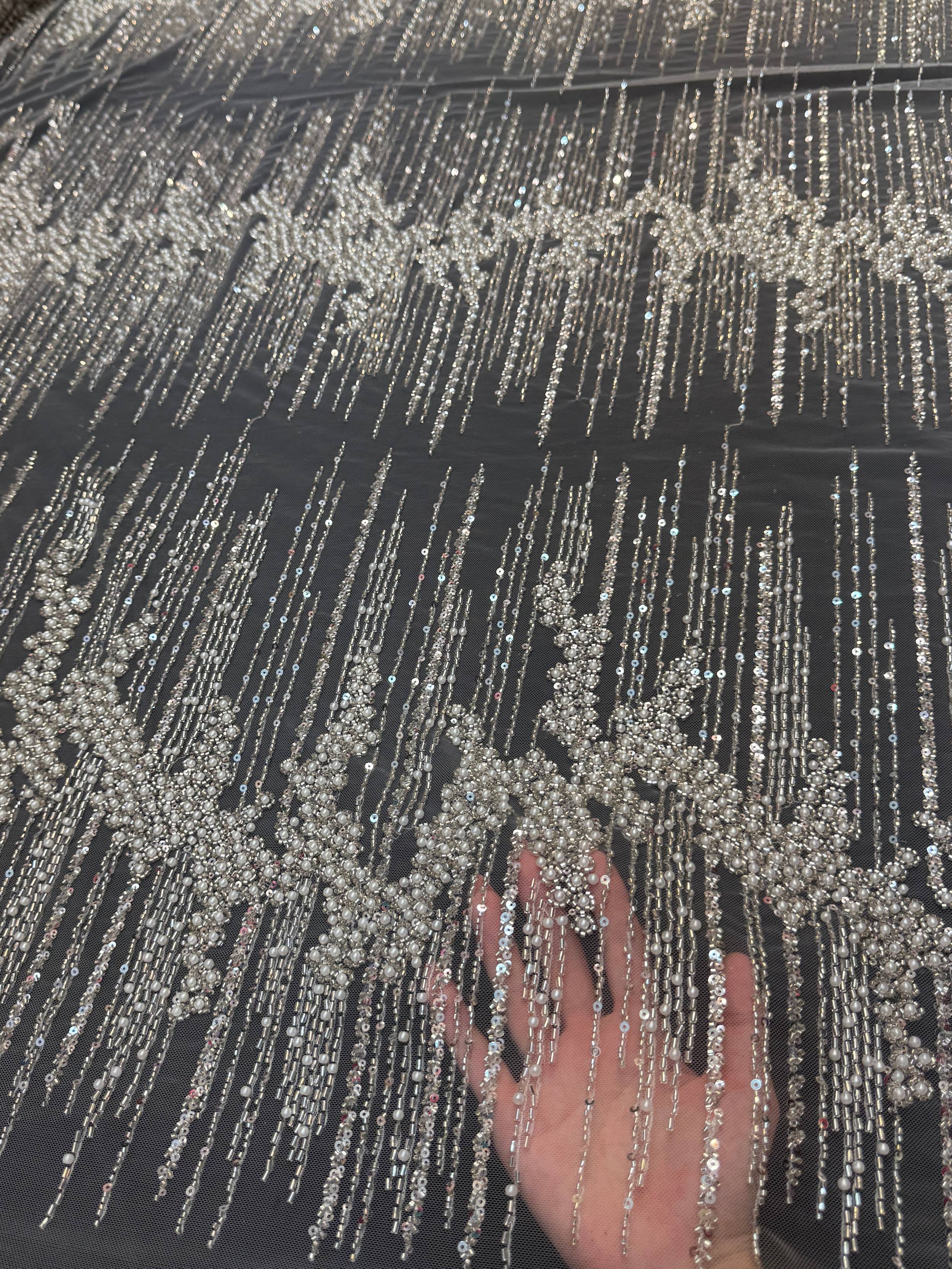 Off White Crimson Cascade Crystal & Bugle Beaded Lace, Crystal Beaded Lace, Bugle Bead Lace, Pearl Beaded Lace, Sequin Lace Fabric, Bridal Lace Fabric, Couture Lace Fabric