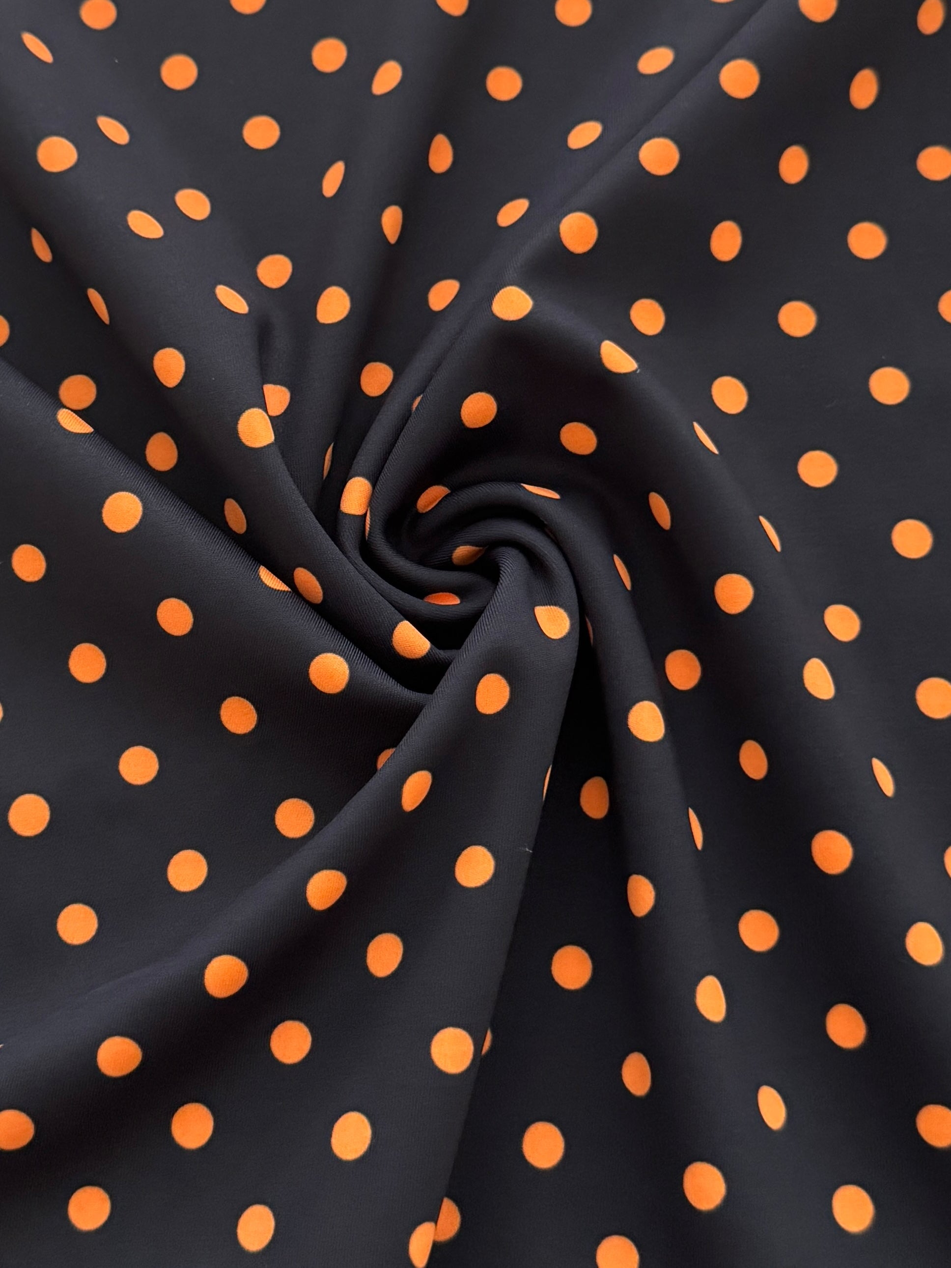 Orange on Black Mini Polka Dot Print Spandex, Halloween Spandex, Halloween Fabric, Spandex Fabric, Nylon Spandex, Stretch Fabric, 4 Way Stretch, Spooky Fabric