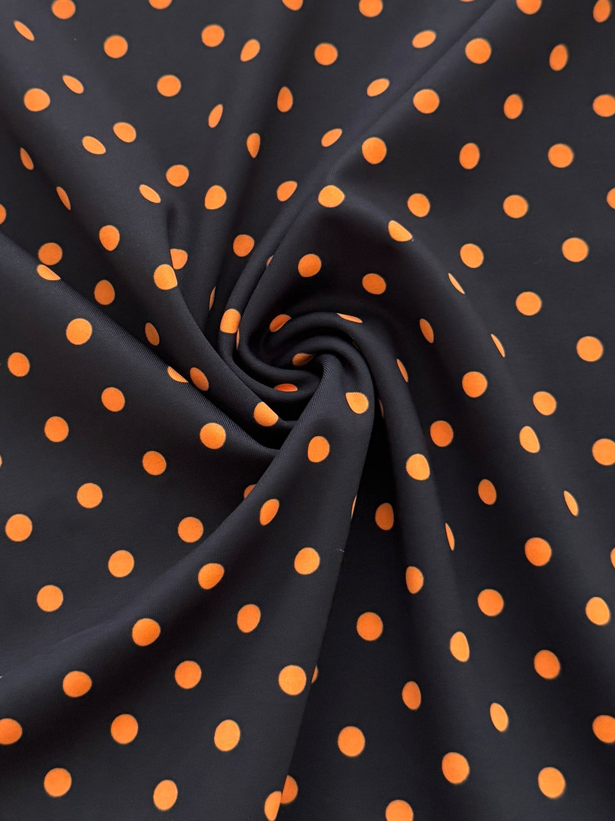 Orange on Black Mini Polka Dot Print Spandex, Halloween Spandex, Halloween Fabric, Spandex Fabric, Nylon Spandex, Stretch Fabric, 4 Way Stretch, Spooky Fabric