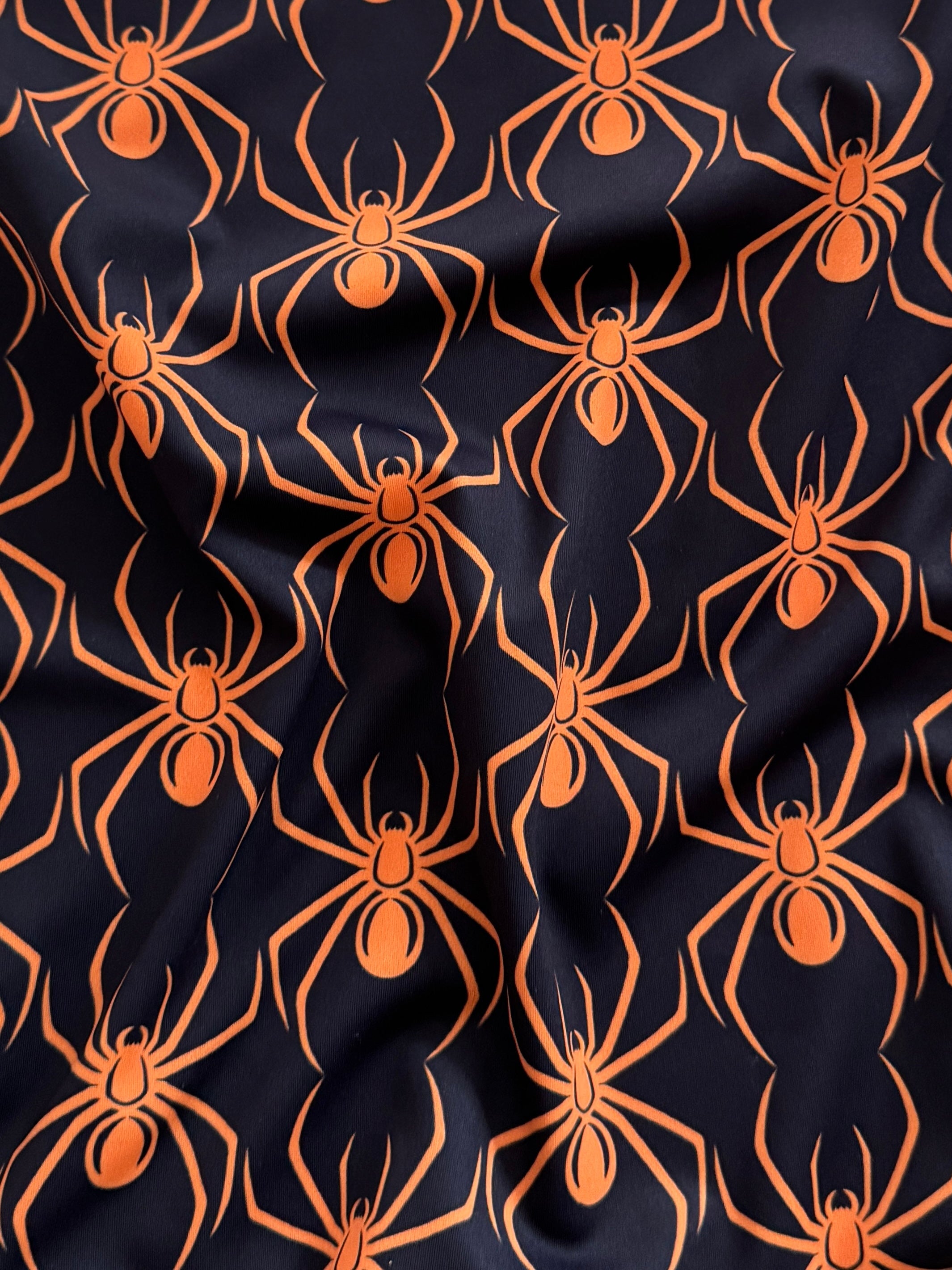 Orange on Black Spider Print Nylon Spandex, Halloween Spandex, Halloween Fabric, Spandex Fabric, Nylon Spandex, Stretch Fabric, 4 Way Stretch, Spooky Fabric