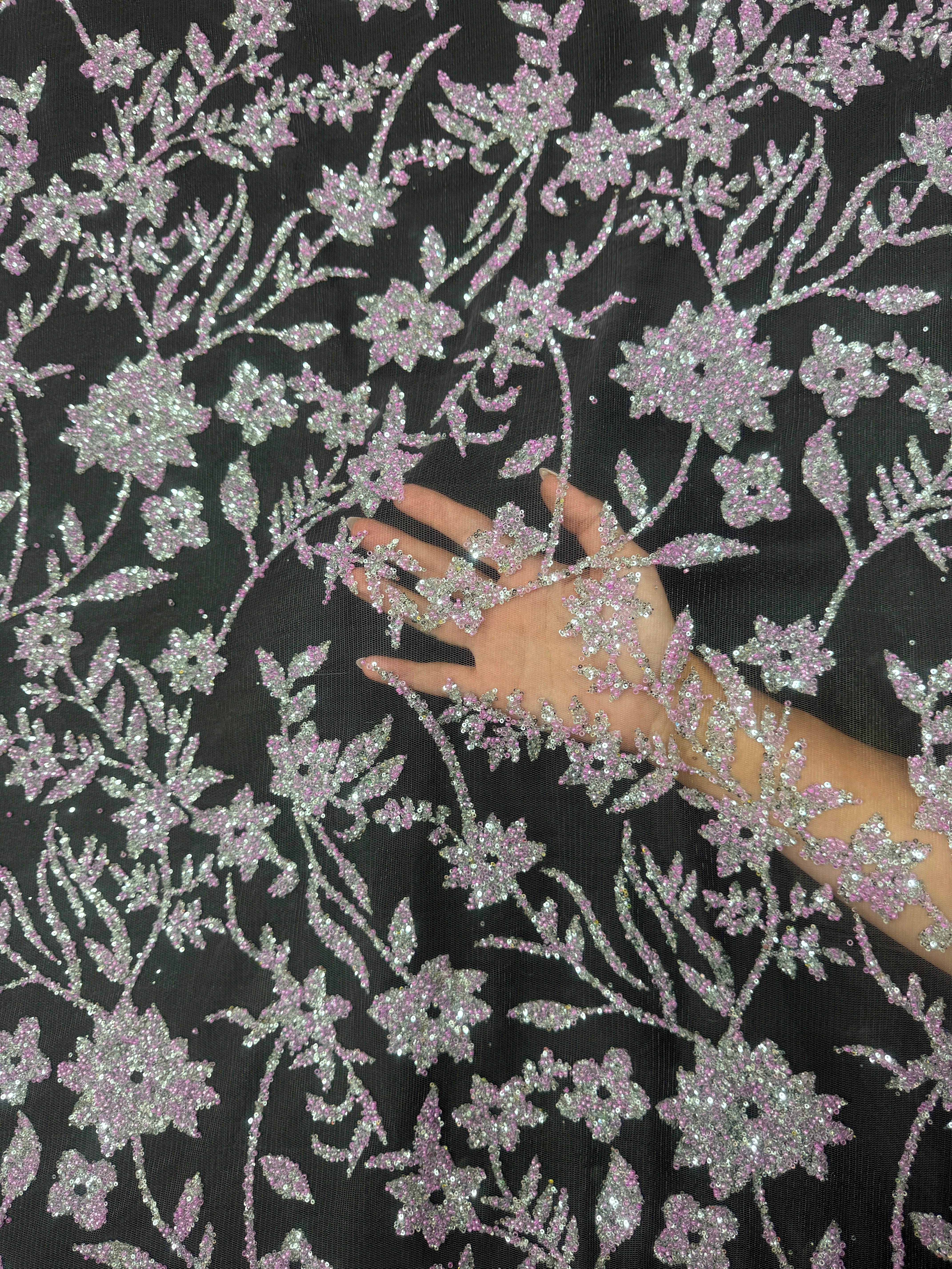 Lavender Silver Floral Beaded Lace, Lavender Lace Mesh, Beaded sequin lace, nude lace mesh,Glitter Lace, Seed beads lace,lace mesh on discount