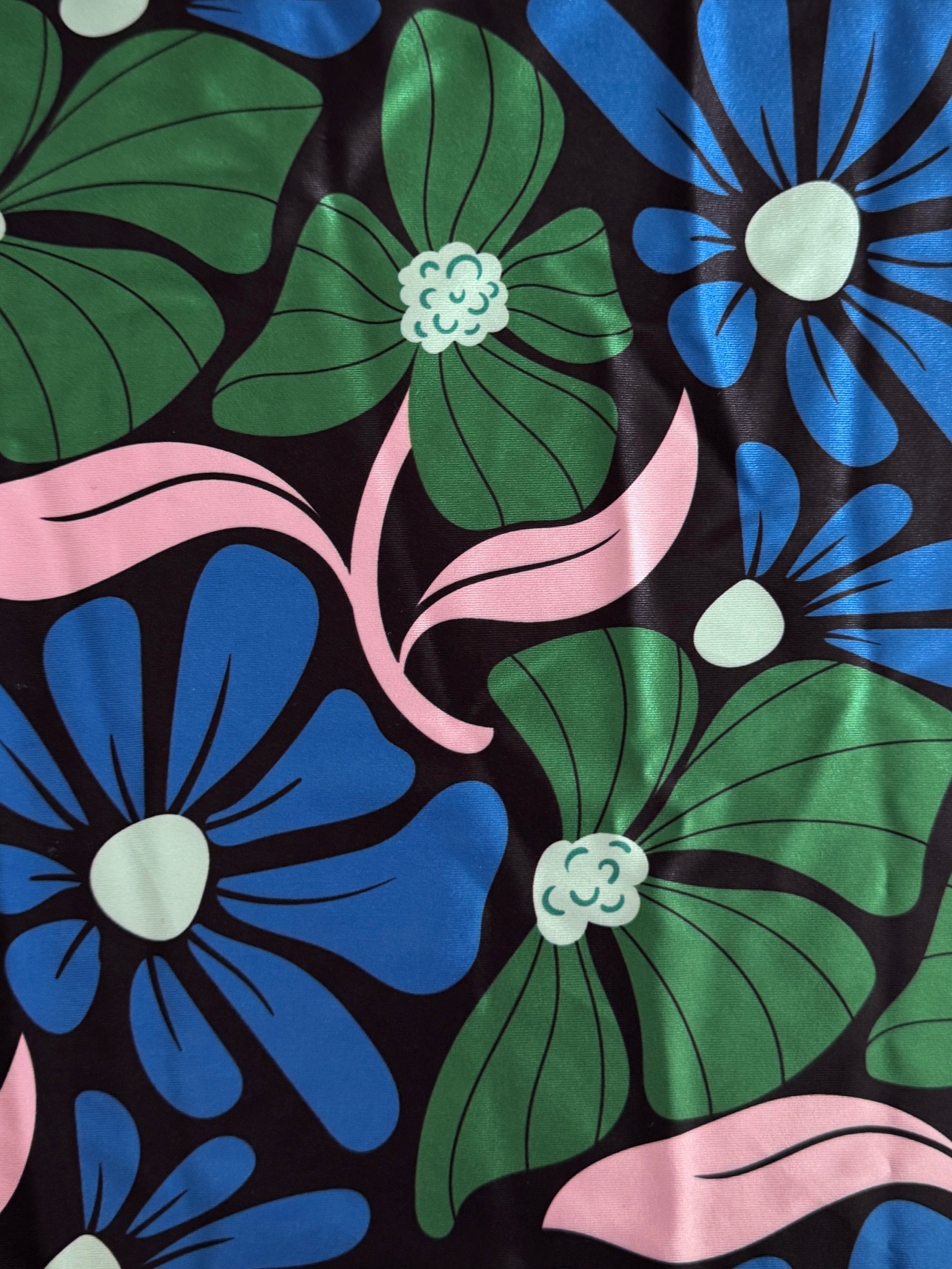 Blue Retro Blossom Flowers Nylon Spandex, Nylon Spandex Print, Printed Spandex Fabric, Stretch Print Fabric, Printed Stretch Fabric, Spandex Print Fabric, Printed Fabric Stretch