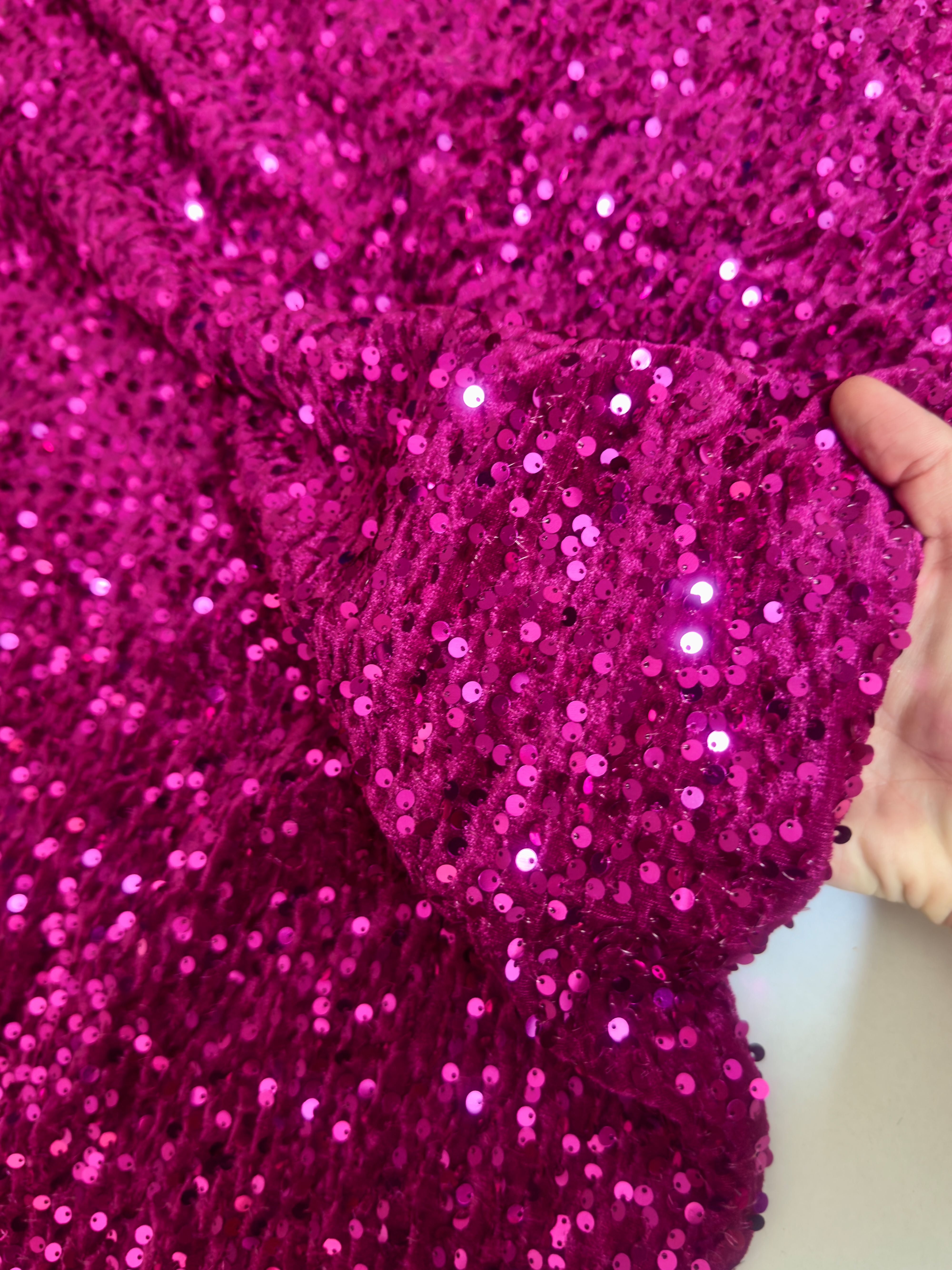 Magenta Sequins Velvet, Stretch Sequin Mesh, Stretch Sequin velvet for woman, Stretch Sequin velvet for bride, Stretch Sequin velvet on discount, Stretch Sequin velvet online