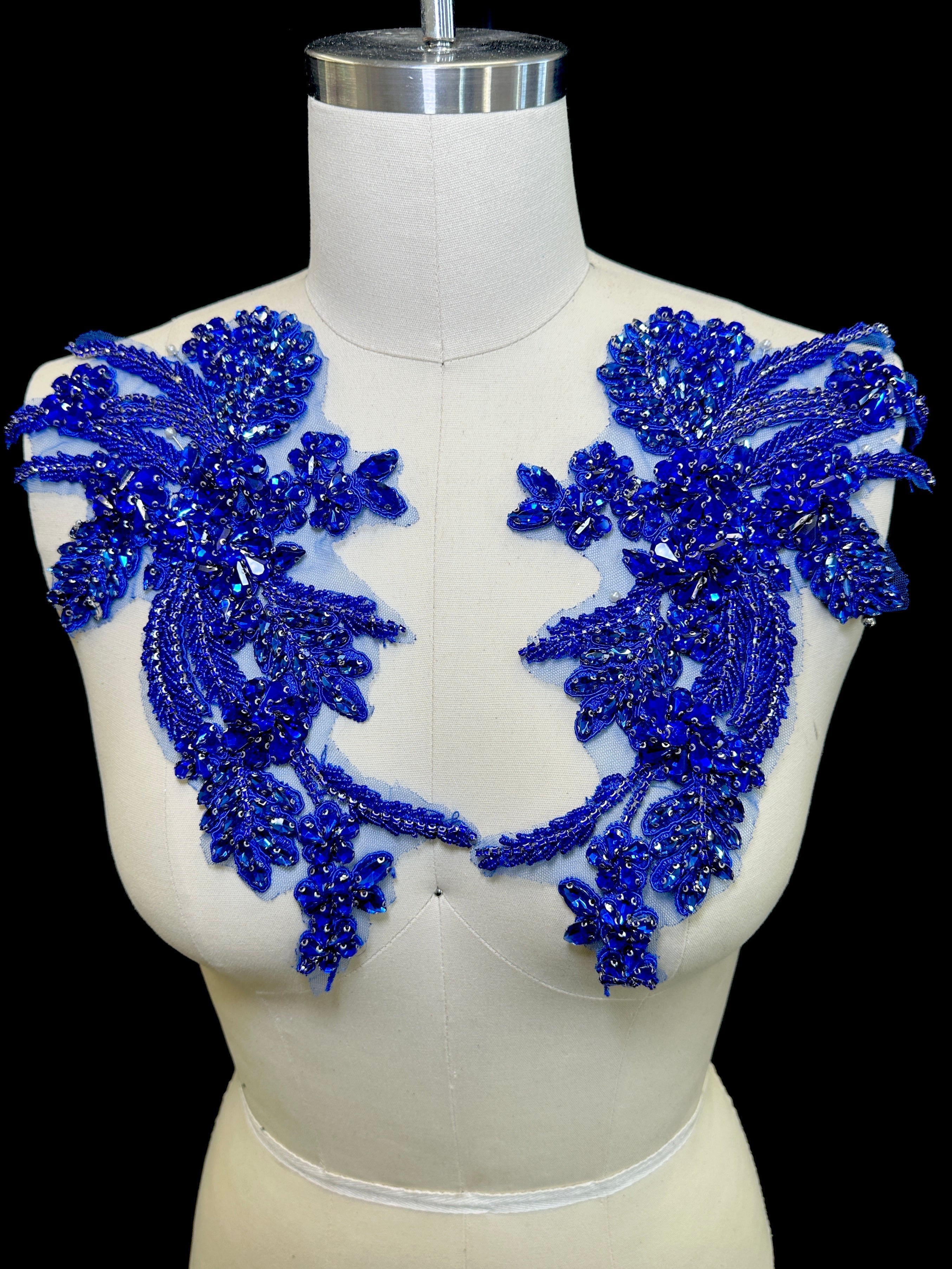 Gina Blue Pair Rhinestone Applique , blue applique, dark blue applique, blue bodice, blue embellishment for dress, 