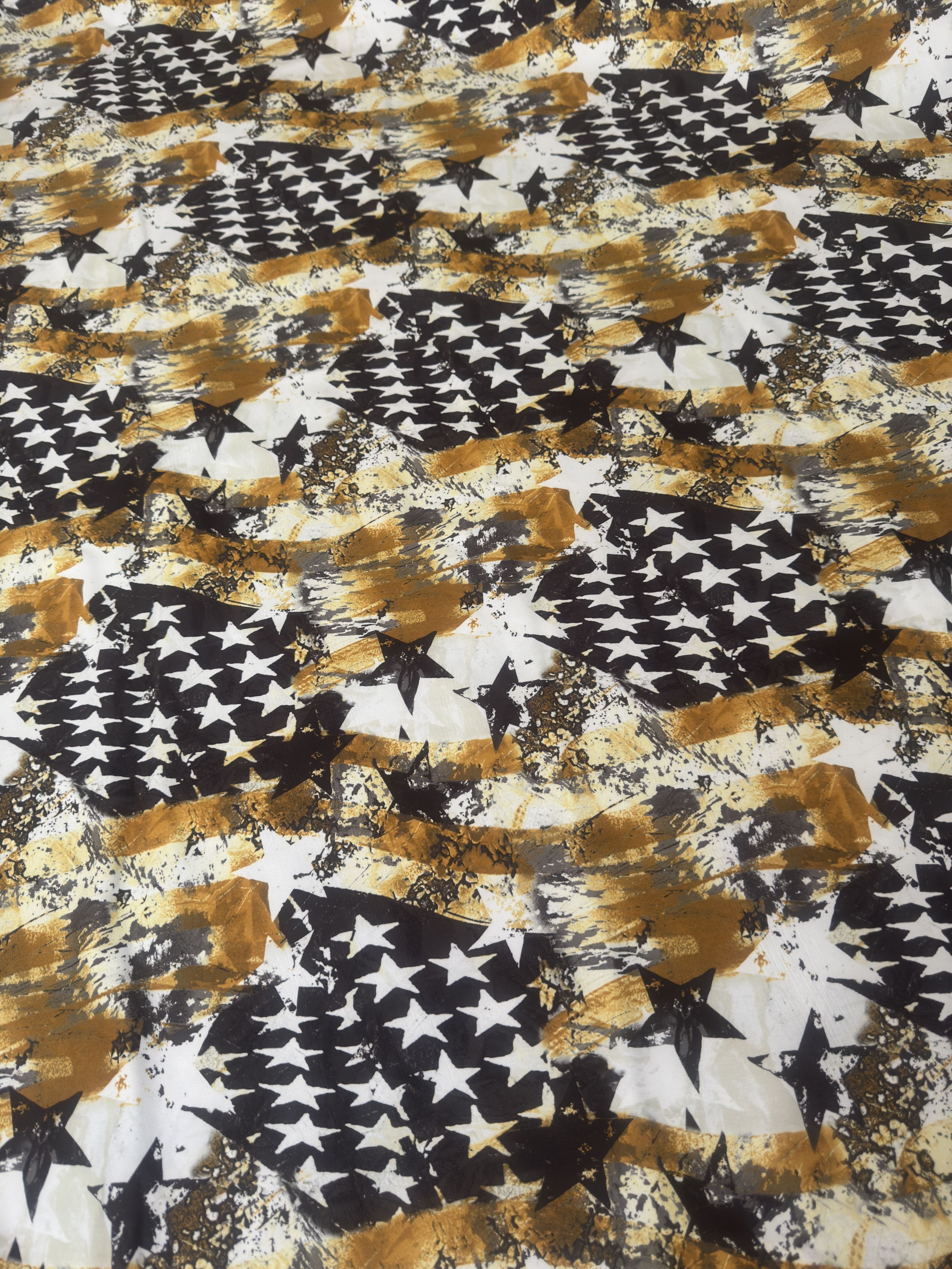 Gold & Black Abstract American Flag Nylon Spandex, Nylon Spandex, Shiny Spandex, Stretch Fabric, 4 way stretch fabric, Fabric on Sale, Activewear Fabric, Polyester Fabric