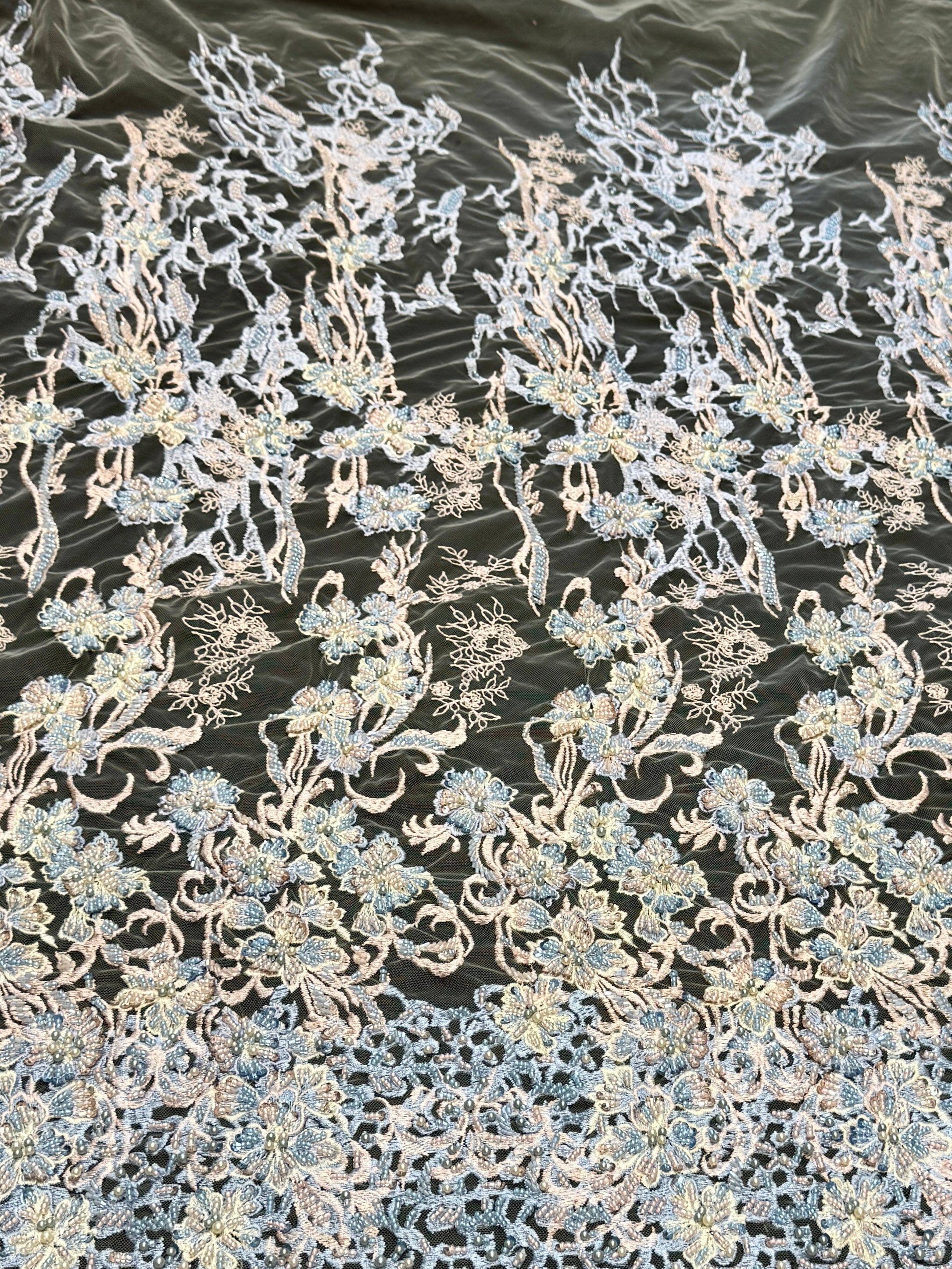 Blush-Blue Pearl Beaded Floral Embroidery Lace, Floral Embroidery Lace, Beaded Floral Lace, Pearl Lace Fabric, Embroidered Lace Fabric, Floral Lace Fabric, Beaded Lace Fabric, Embellished Lace Fabric